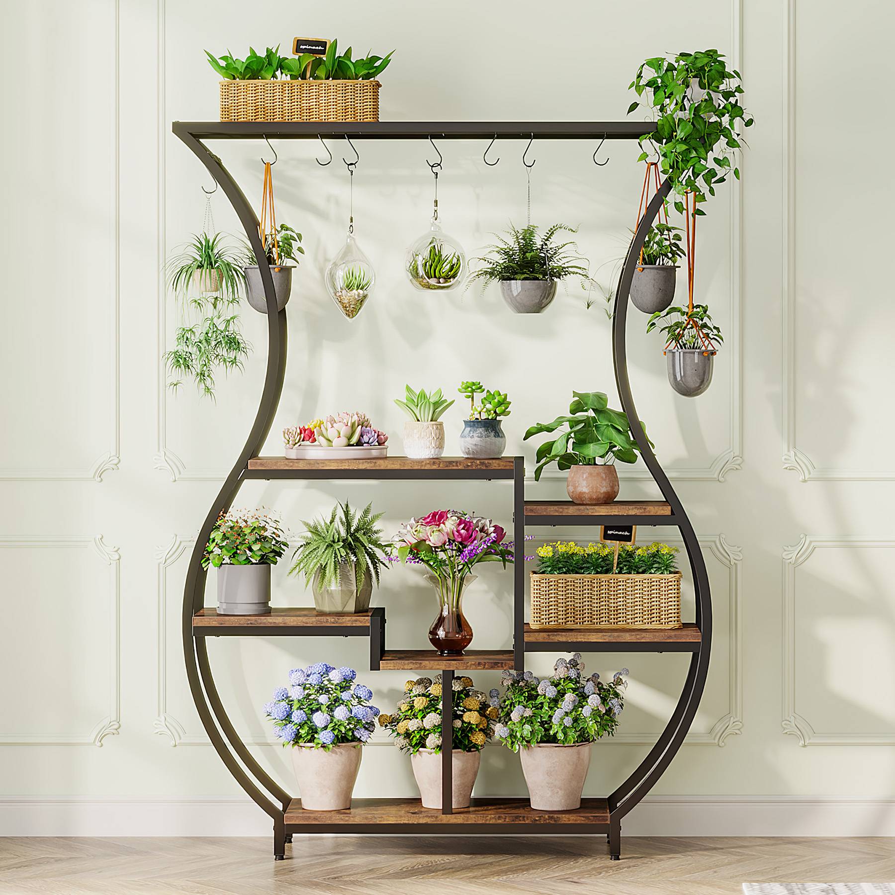 6 Tier Vase Shaped Plant Stand with 10 Hanging Hooks - Multi-Level Flower Pot Holder for Indoor/Outdoor Decor, Balcony & Garden Plant Display Rack
