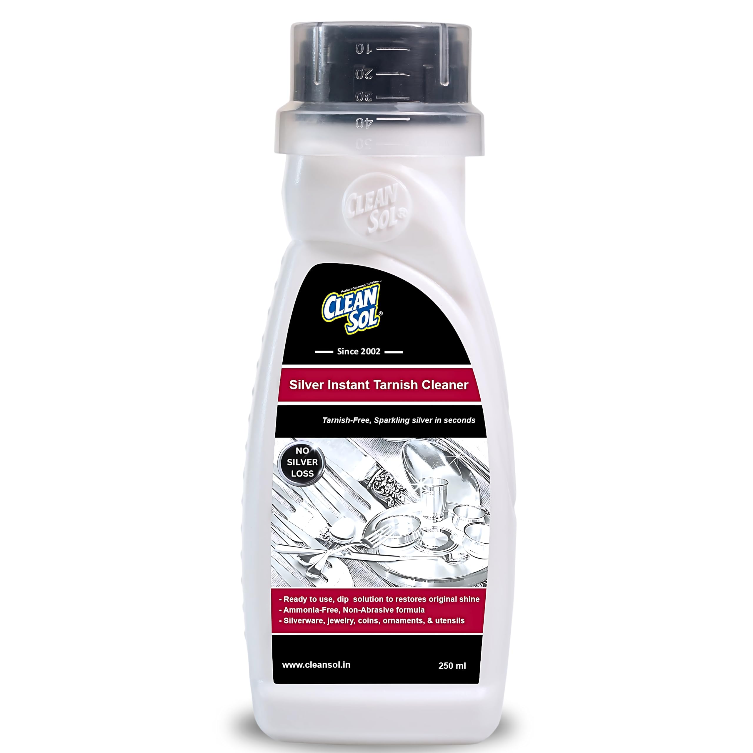 Cleansol Silver Cleaning Liquid - Fast-Acting Silver Dip & Tarnish Remover for Jewelry, Silverware & Antiques (250ml) - Perfect for Polishing Rings, Necklaces, Cutlery & Collectibles
