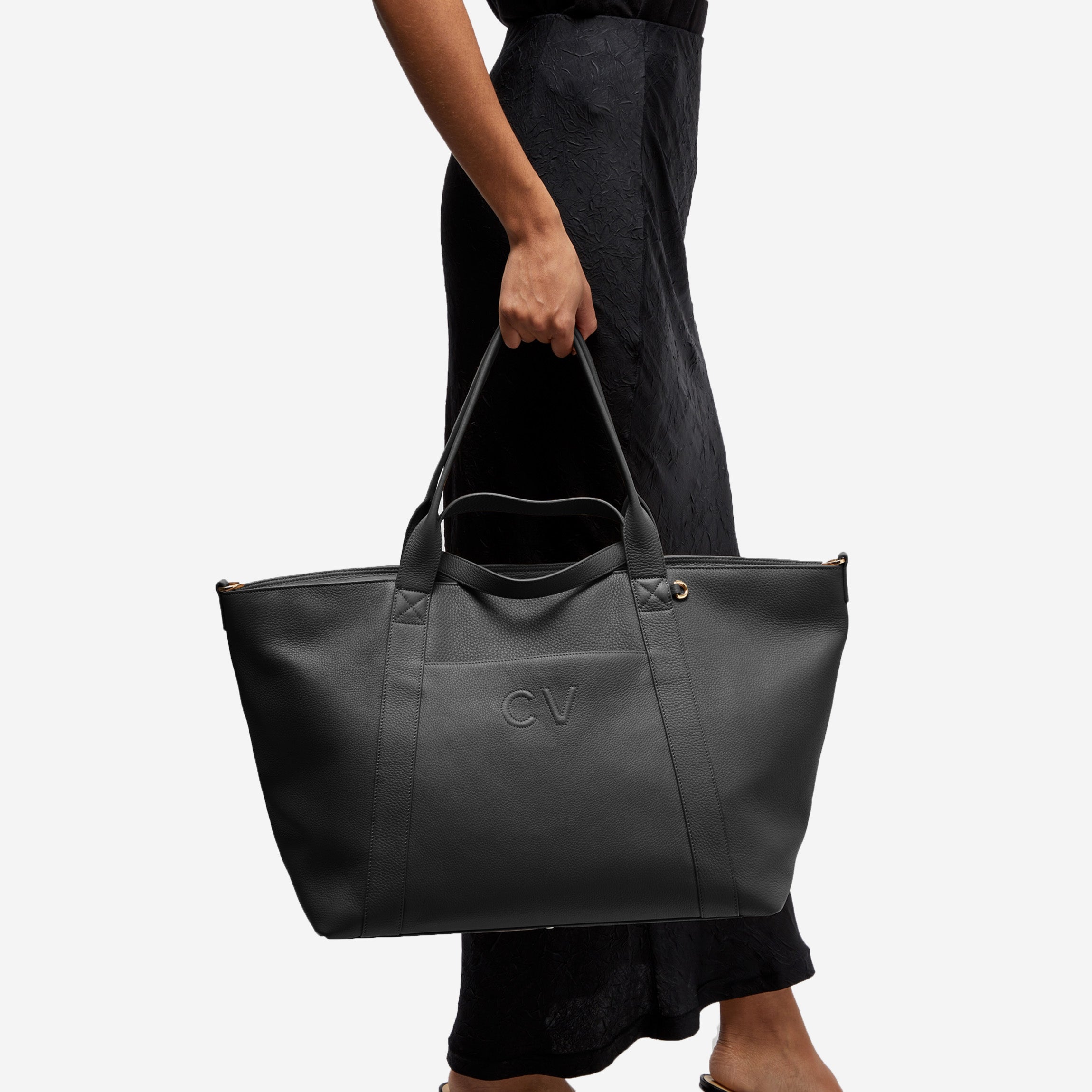 Premium Black Pebble Leather Transit Travel Tote Bag - Stylish Carryall for Work Commute, Gym & Weekend Getaways