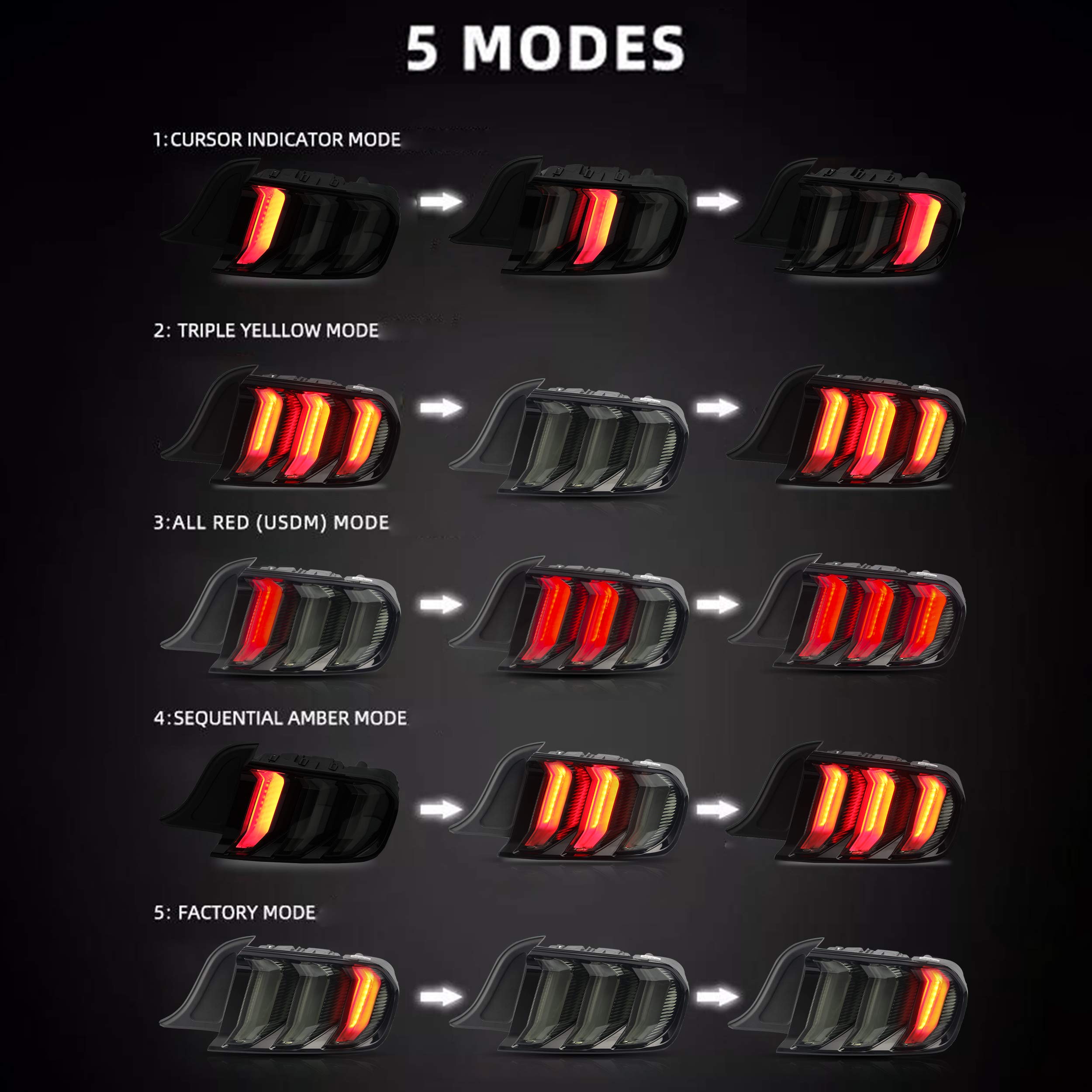 VLAND Smoked LED Tail Lights Assembly for Ford Mustang 2015-2020 - Sequential Turn Signals, 5 Lighting Modes, Plug & Play Installation - Upgrade Your Mustang's Rear Style for Night Driving & Car Shows