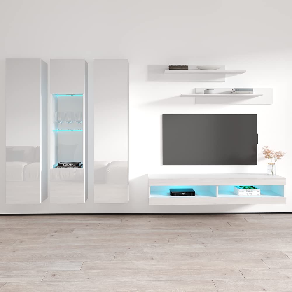Modern White Wall-Mounted TV Stand with Storage Shelves & LED Lights - Floating Entertainment Center Console for Living Room & Bedroom - Perfect for Small Spaces & Home Theater Setup - Meble Furniture Fly C5 34