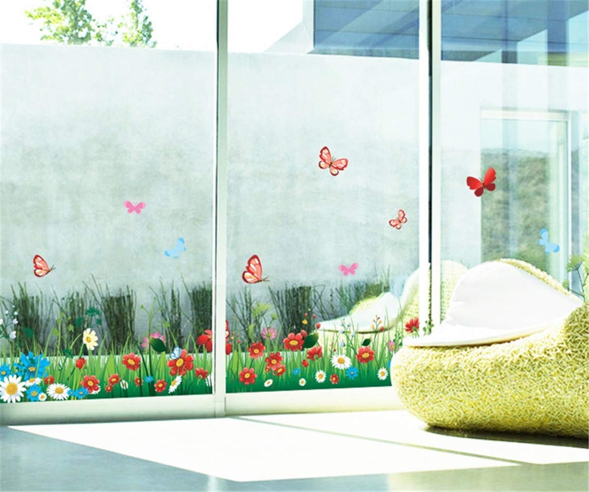 Reusable Flower Window Clings - Wild Grass with Butterflies & Insects Border Decal for Spring Home Decor | Glass Door & Window Stickers (2-Pack) | Perfect for Living Room, Bedroom, Kitchen & Office Decor