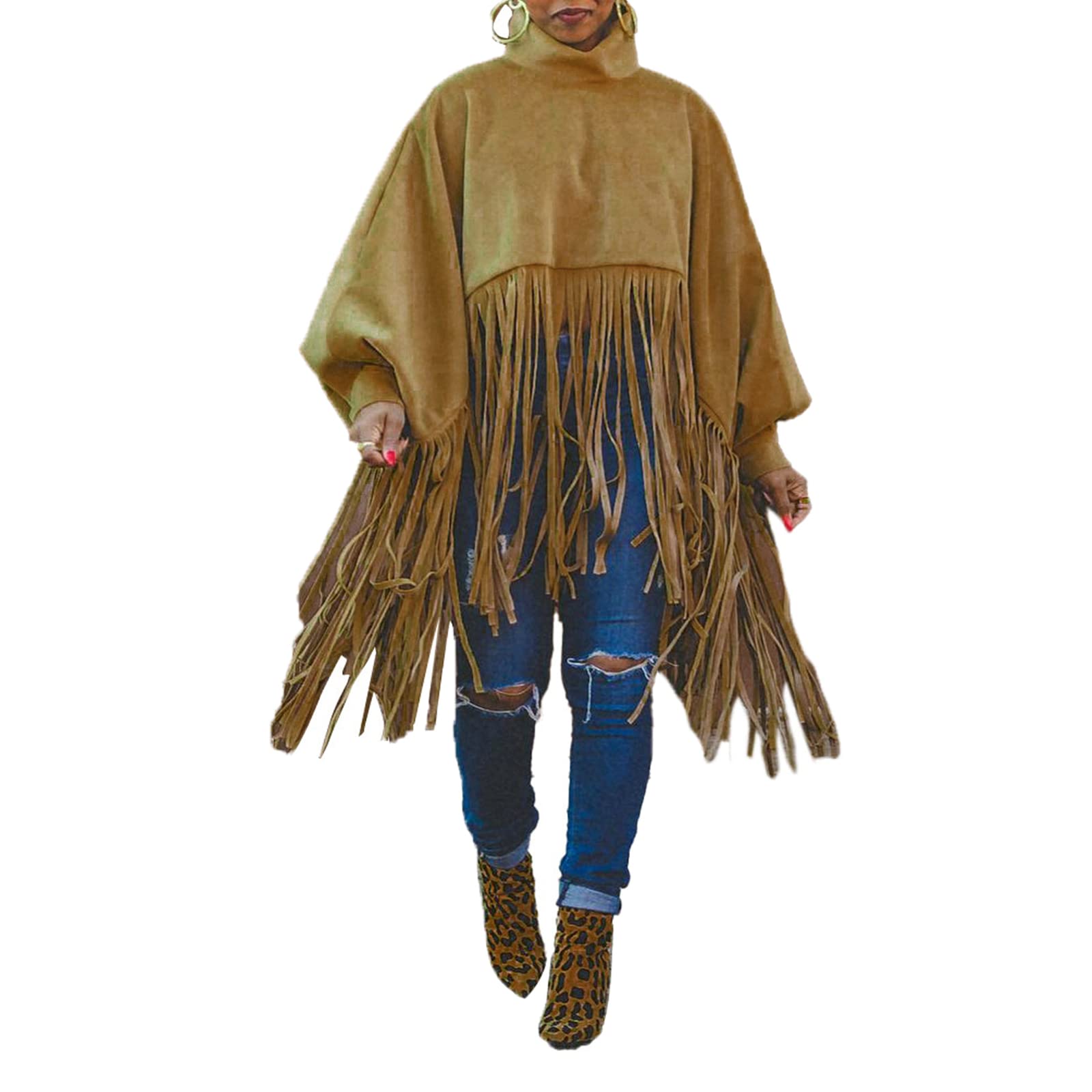 Women's Plus Size Turtleneck Fringe Sweatshirt - Batwing Sleeve Oversized Poncho Top with Tassels | Casual Winter Wear, Boho Chic Outfit, Lounge & Street Style Fashion