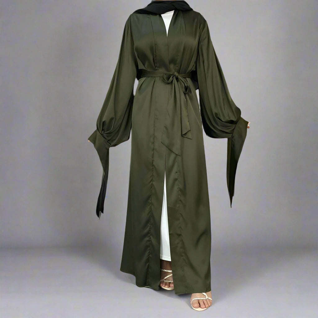 10 Color Options Puff Sleeve Satin Open Abaya Dress for Muslim Women - Elegant Modest Fashion for Prayer, Eid, Wedding & Special Occasions