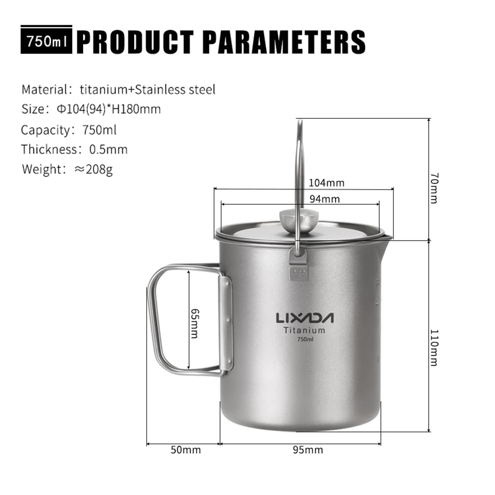 Lixada 750ml Titanium Camping Pot - Lightweight French Press Coffee Maker & Cooking Pot with Folding Titanium Spoon - Perfect for Backpacking, Hiking & Outdoor Adventures