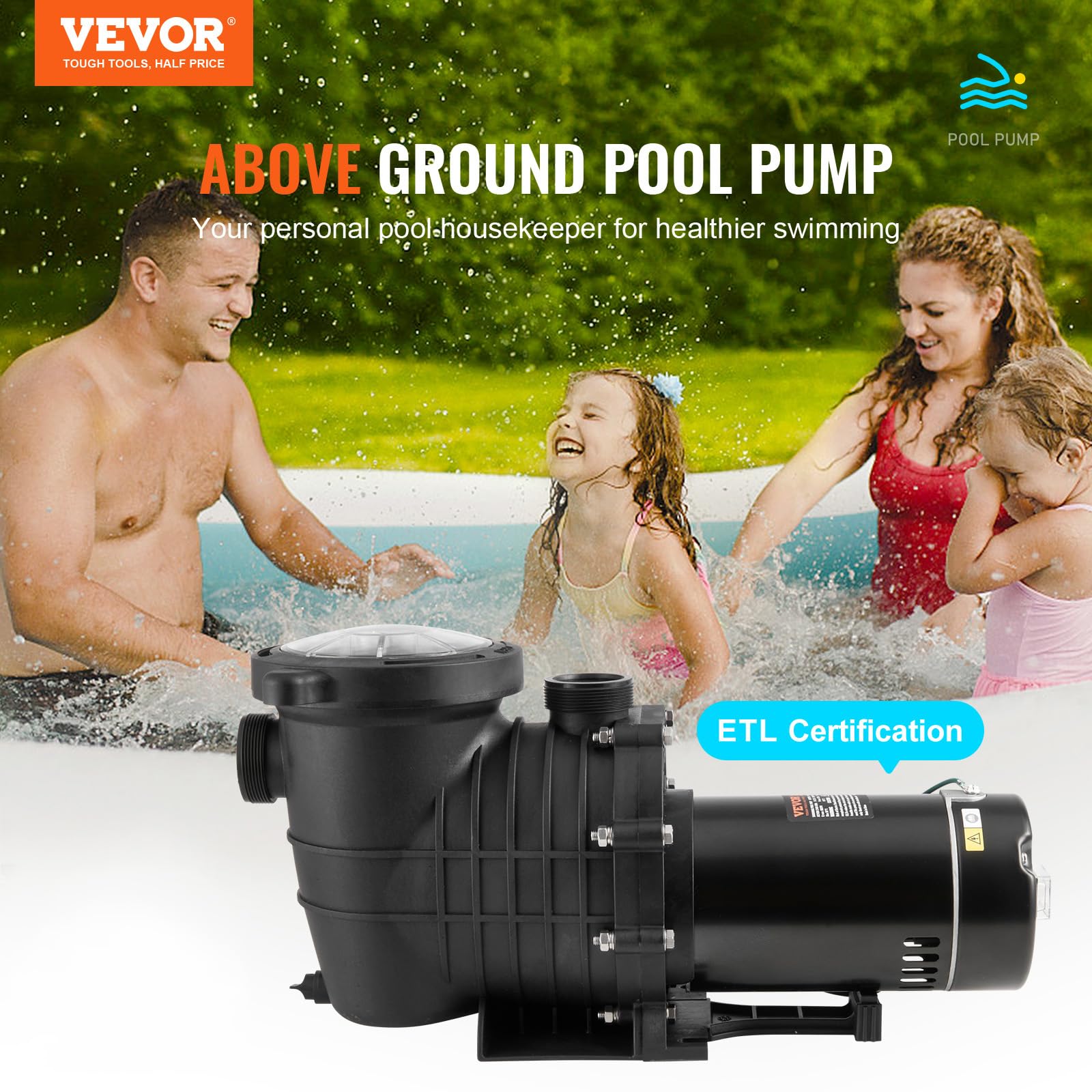 VEVOR 1.5 HP Above Ground Pool Pump - 100 GPM Single Speed Swimming Pool Pump with Filter Basket, 110V/240V 3450 RPM, 50.9 ft Max Head - Perfect for Above Ground Pools, Hot Tubs, Spas and Backyard Water Features