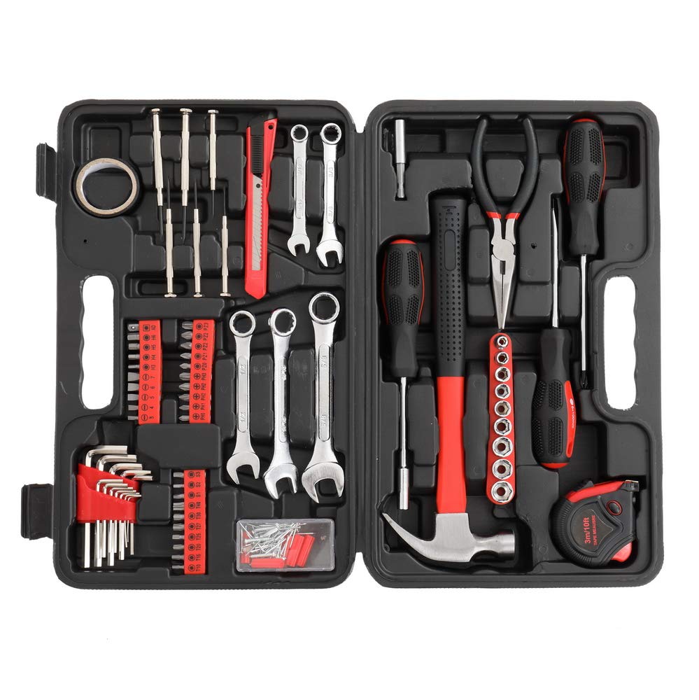 148-Piece Iron Household Tool Set - Heavy Duty Red Tool Kit for Home Repairs, DIY Projects & Emergency Fixes - Perfect for Garage, Workshop & Household Maintenance