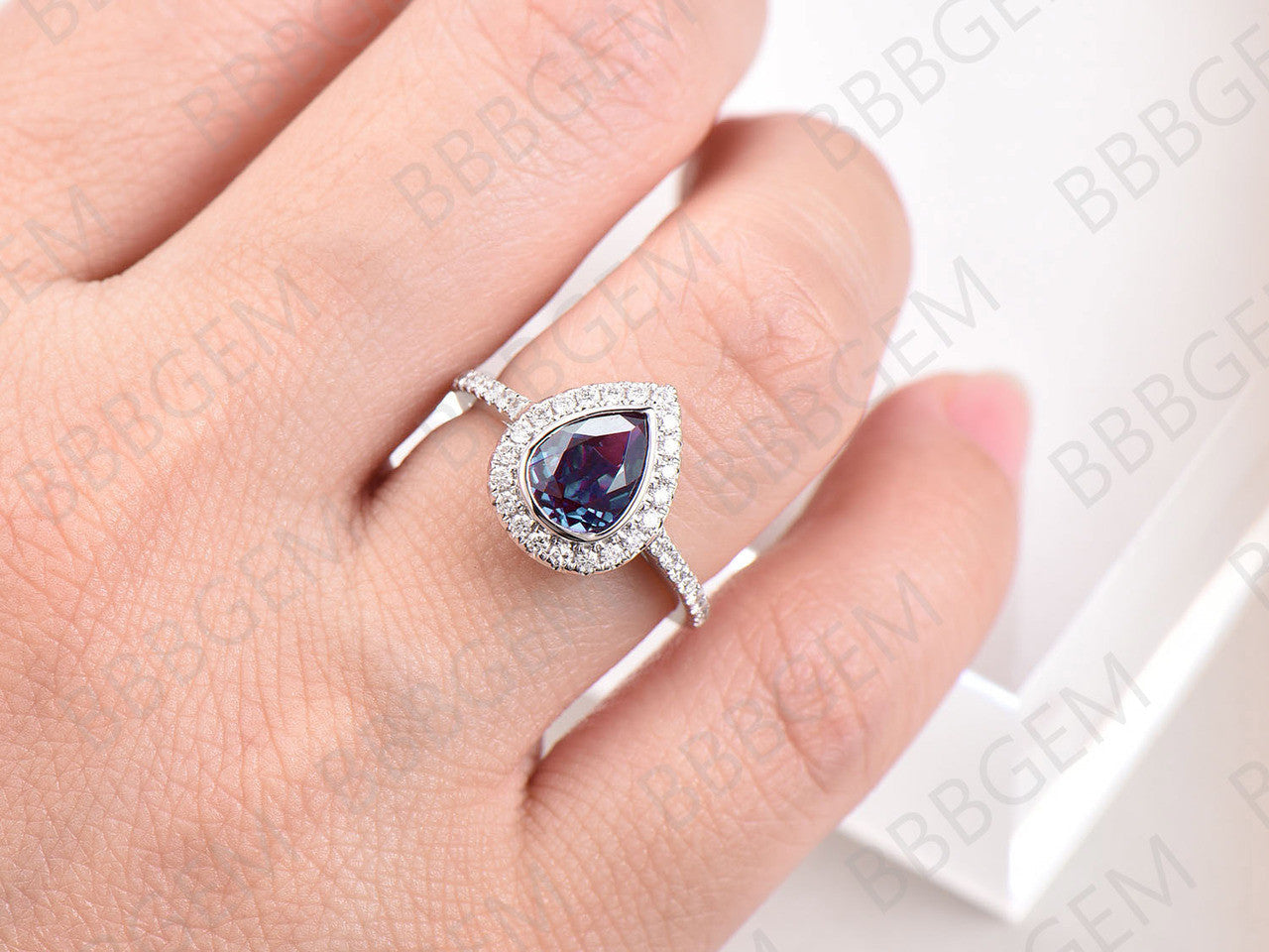 8x6mm Pear Alexandrite Bezel Ring with Halo Setting in 14K/18K White Gold | June Birthstone Jewelry | Elegant Engagement, Anniversary & Special Occasion Gift for Women