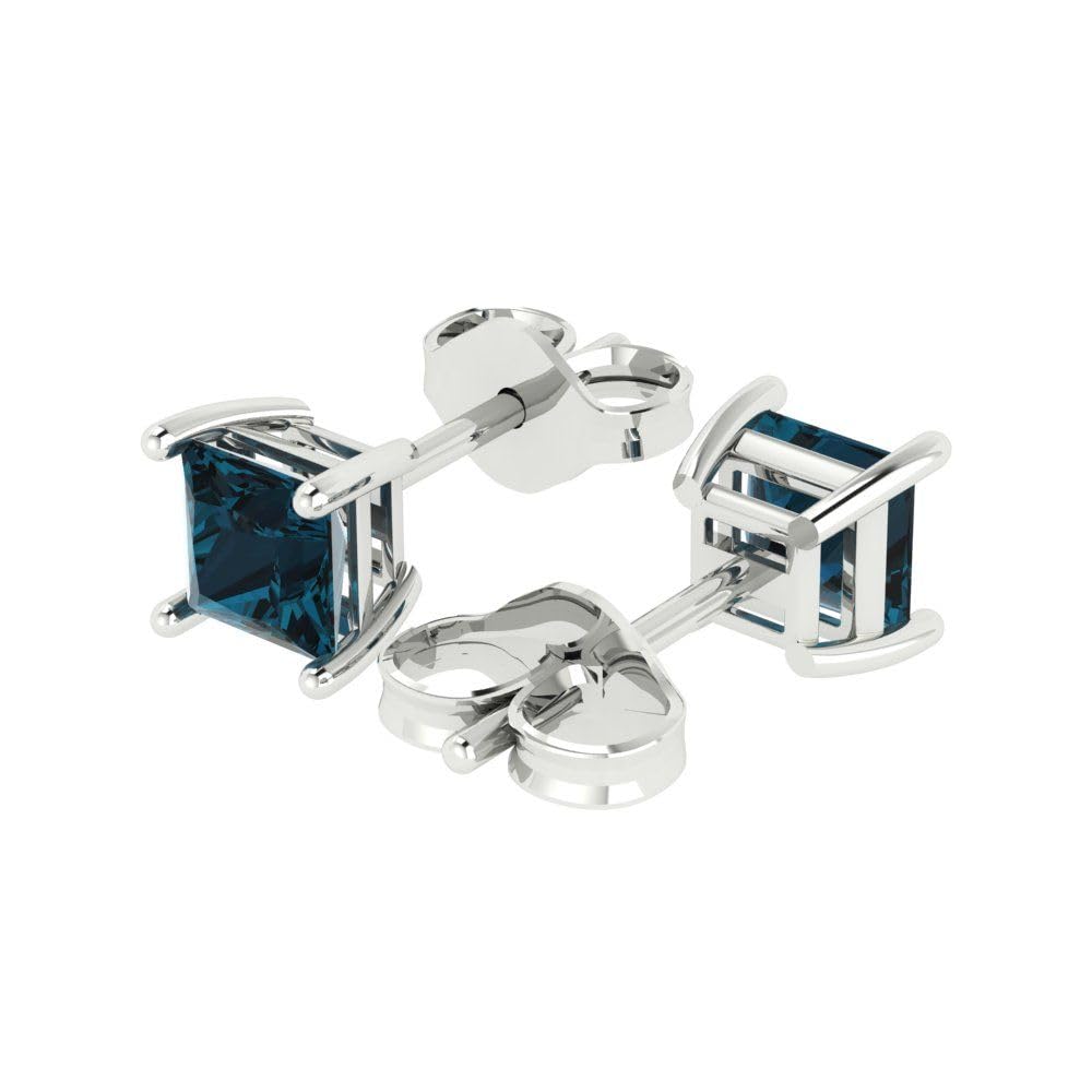 1.0 Carat Princess Cut Natural London Blue Topaz Solitaire Stud Earrings in 14K White Gold - Push Back Closure for Anniversary, Gift & Everyday Wear