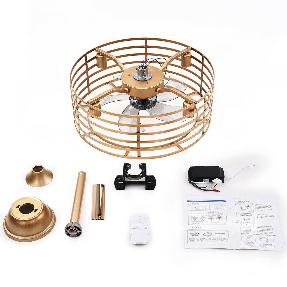 20 Inch Industrial Caged Ceiling Fan with Light - 3 Speed Adjustable, Remote Control, Bladeless Design for Kitchen, Bedroom, Living Room & Farmhouse - Gold Finish (4xE12 Base, Bulbs Not Included) - Perfect for Modern Farmhouse Decor and Air Circulation in Large Spaces
