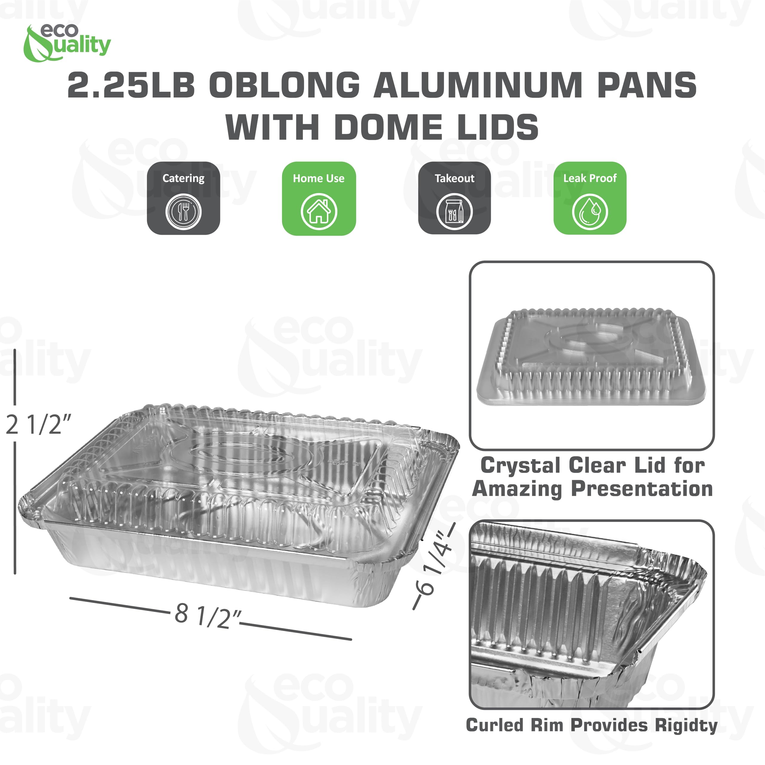 [300 Pack] 2.5LB Oblong Aluminum Foil Baking Pans with Dome Lids - Shallow Takeout Containers for Roasting, Reheating, Catering, BBQ & Parties | Perfect for Potlucks, Food Storage & Meal Prep | EcoQuality Disposable Pans