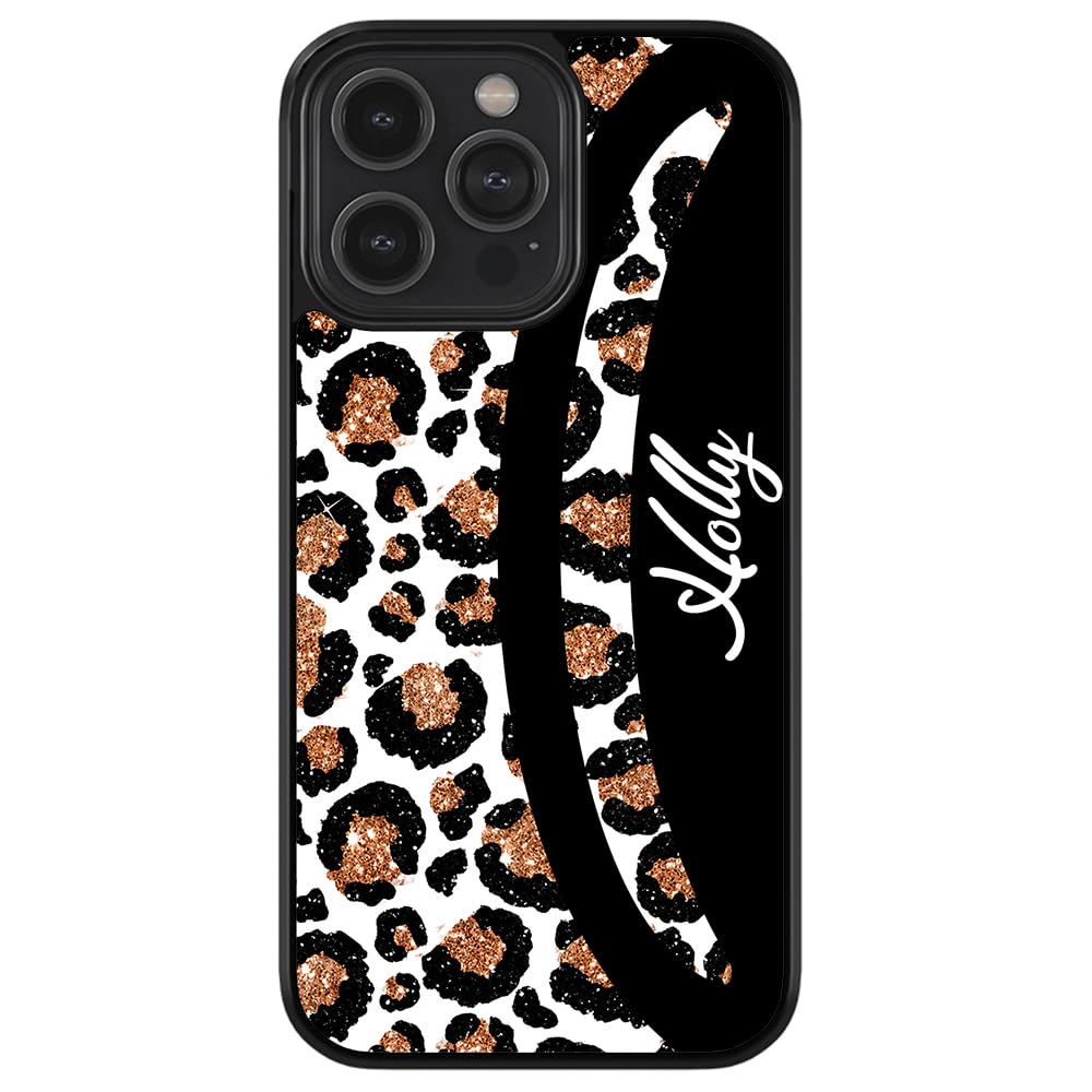 Leopard Print White Gold Personalized Black Rubber Phone Case for iPhone 16 Pro Max/15 Pro Max/14 Pro Max/13 Pro/12 Pro/11/X/8/7 Plus - Fashion Protective Cover for Women & Men, Perfect for Daily Use, Work, and Travel