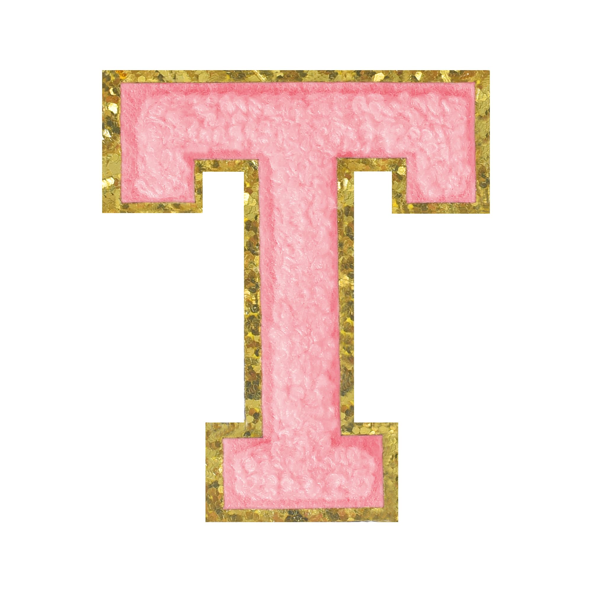 Greek Letter Iron-On Patches - Glitter Gold & Pink Chenille Sorority Letters for Clothing, Hats, Shirts | DIY Craft Supplies for Jeans Repair, Bags Customization | Perfect for Sorority Gifts, Greek Life Events & Fashion Upcycling