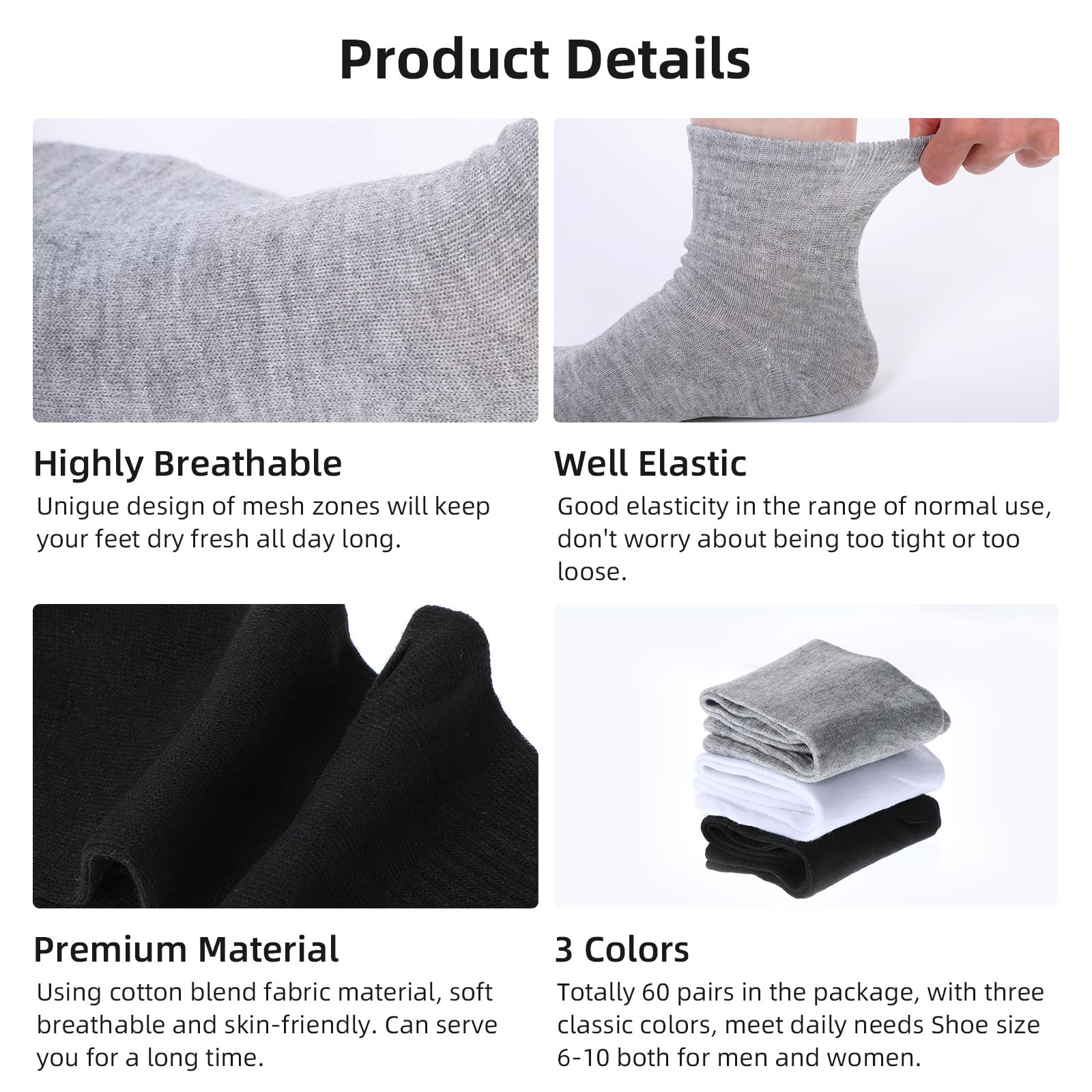 60 Pairs Men's Quarter Ankle Socks - Moisture Wicking Athletic Crew Socks for Running, Gym & Casual Wear - Breathable Unisex Socks for Men & Women (Black, White, Grey) - Perfect for Sports, Workouts & Everyday Comfort