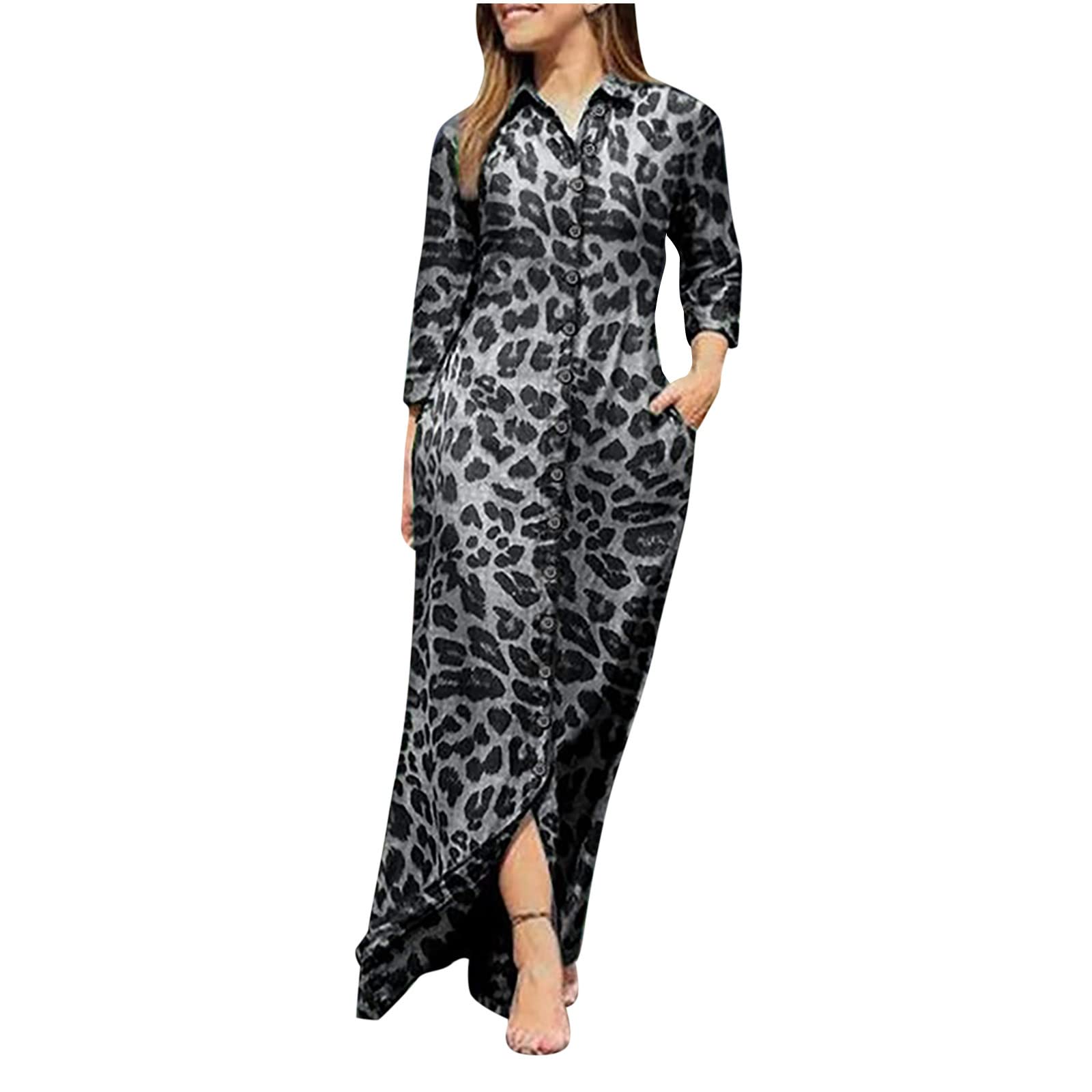 HUERTOP Women's Floral Print Summer Sun Dress with Turn-Down Collar, Long Sleeve & Pockets - Plus Size Casual Maxi Dress for Beach, Vacation & Outdoor Activities