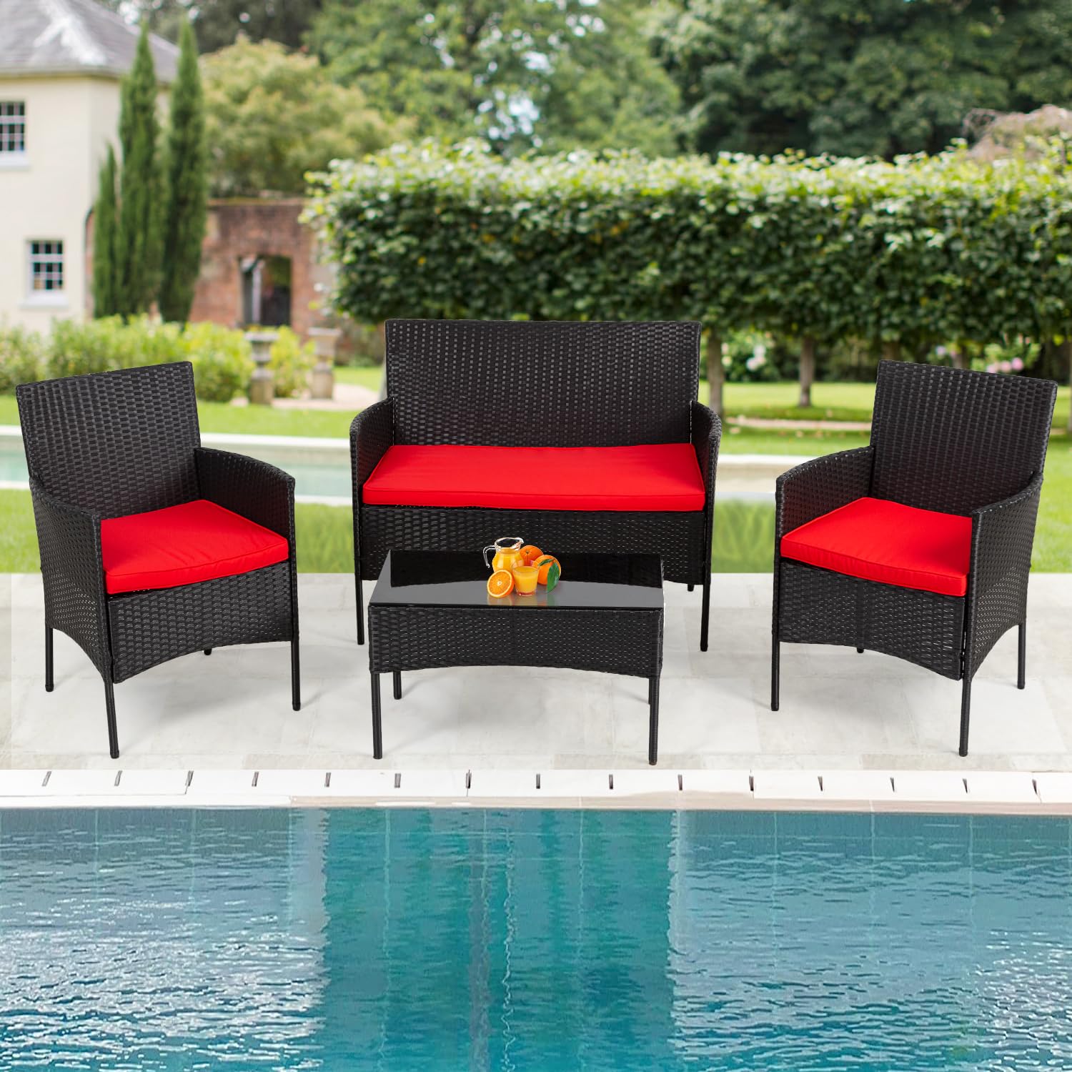 **PayLessHere 4-Piece Outdoor Patio Furniture Set - Water-Resistant Rattan Chairs & Tempered Glass Table with Cushions - Perfect for Patio, Balcony, Poolside & Garden (Red)**
