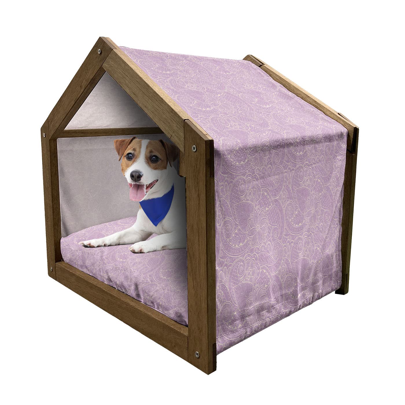 Ambesonne Wooden Pet House with Monochrome Leaves & Paisley Floral Design - Indoor/Outdoor Portable Dog Kennel with Removable Pillow & Cover - Medium Size Lavender Beige - Perfect for Home, Garden & Travel Use