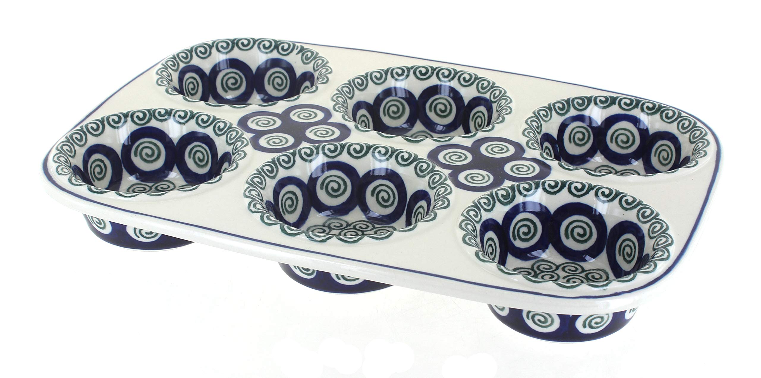 Blue Rose Polish Pottery Peacock Swirl Muffin Pan - Non-Stick Ceramic Baking Dish for Cupcakes, Muffins & Desserts | Perfect for Home Baking, Parties & Gift Giving