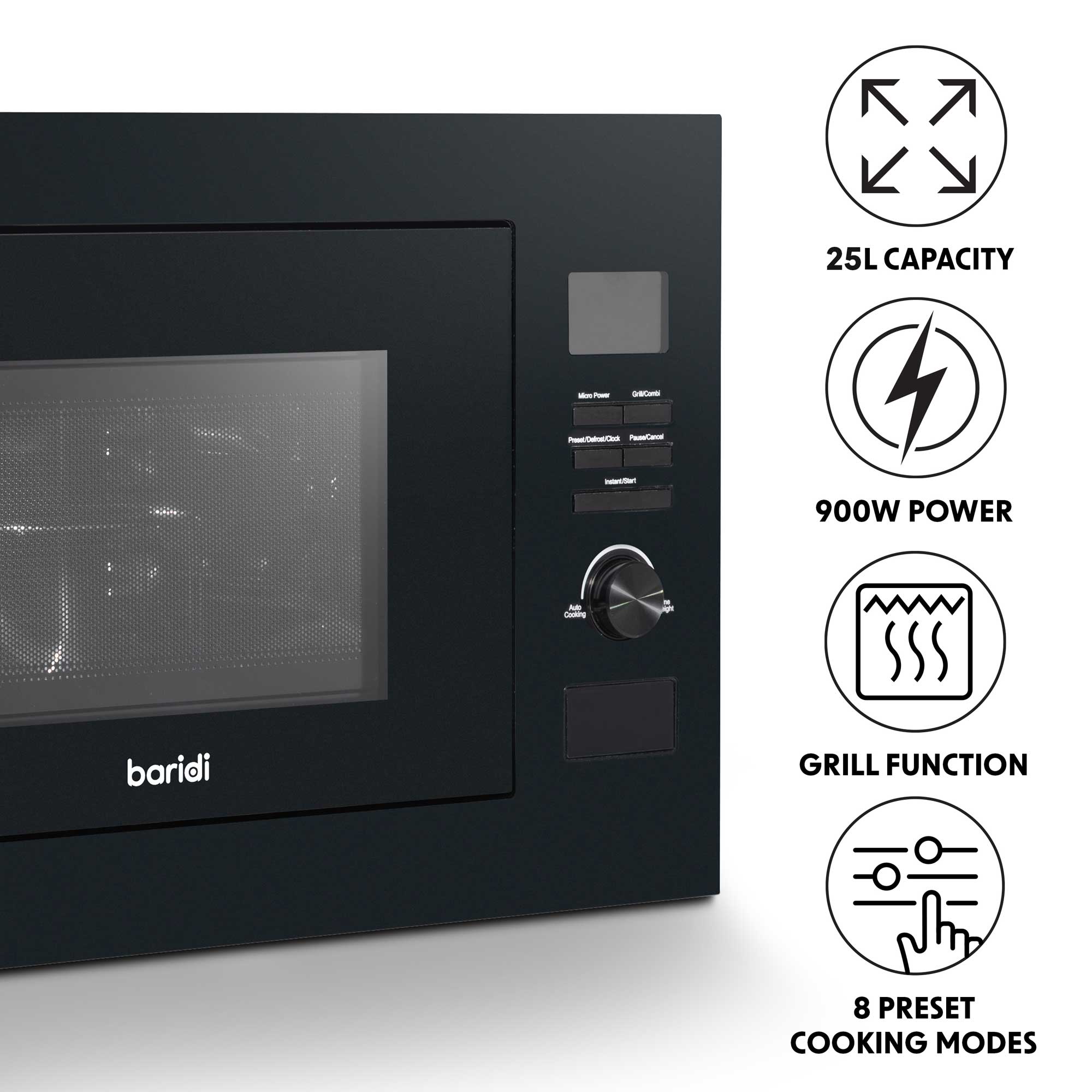 Baridi 25L Built-in Microwave Oven with Grill Function - 900W Power, Sensor Touch Control, Black (DH198) - Perfect for Kitchen, Dorm, Office & Small Spaces