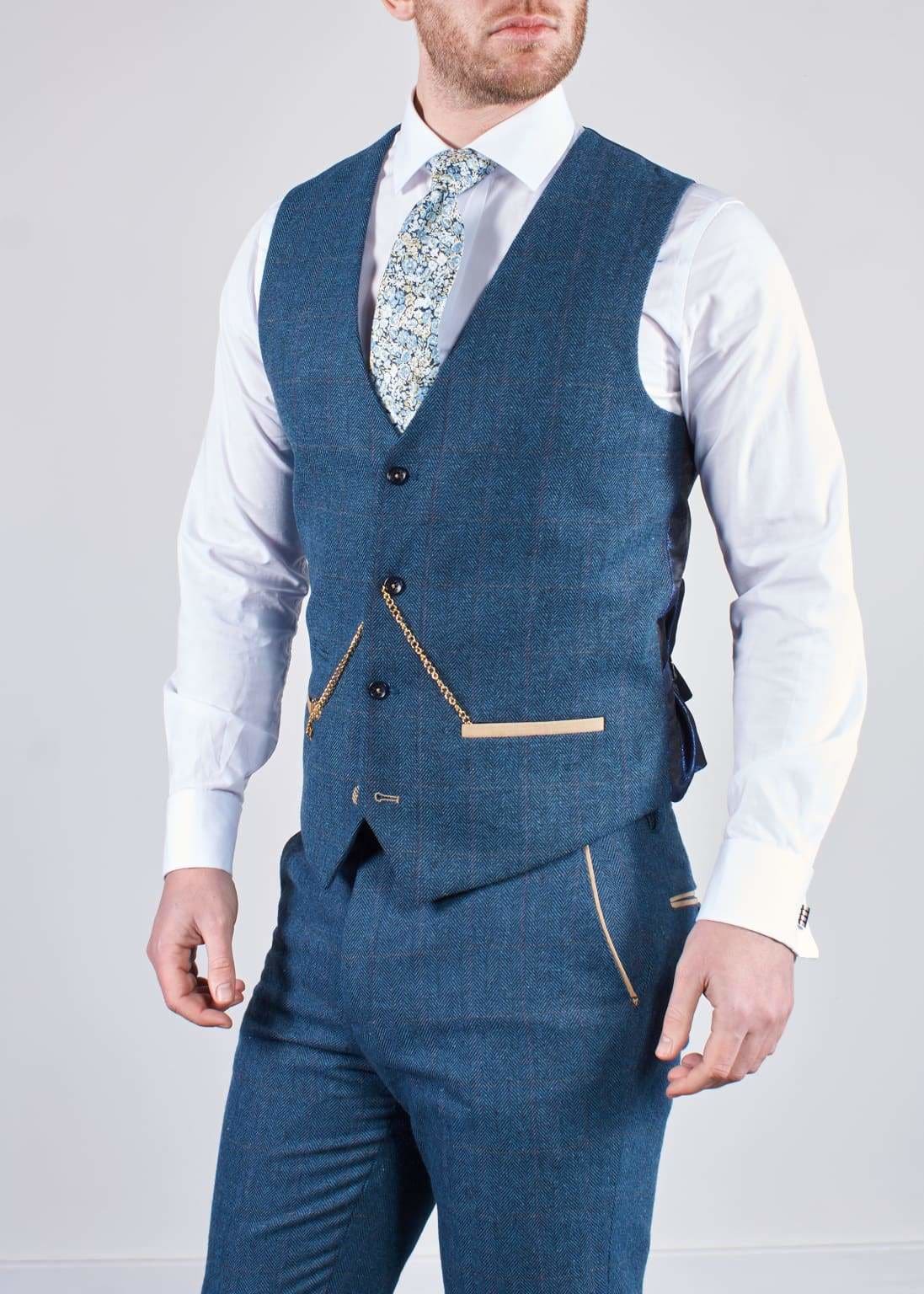 Marc Darcy Dion Men's 3 Piece Blue Tweed Suit - Classic Slim Fit Wedding Suit, Business Formal Attire for Office, Party & Special Occasions