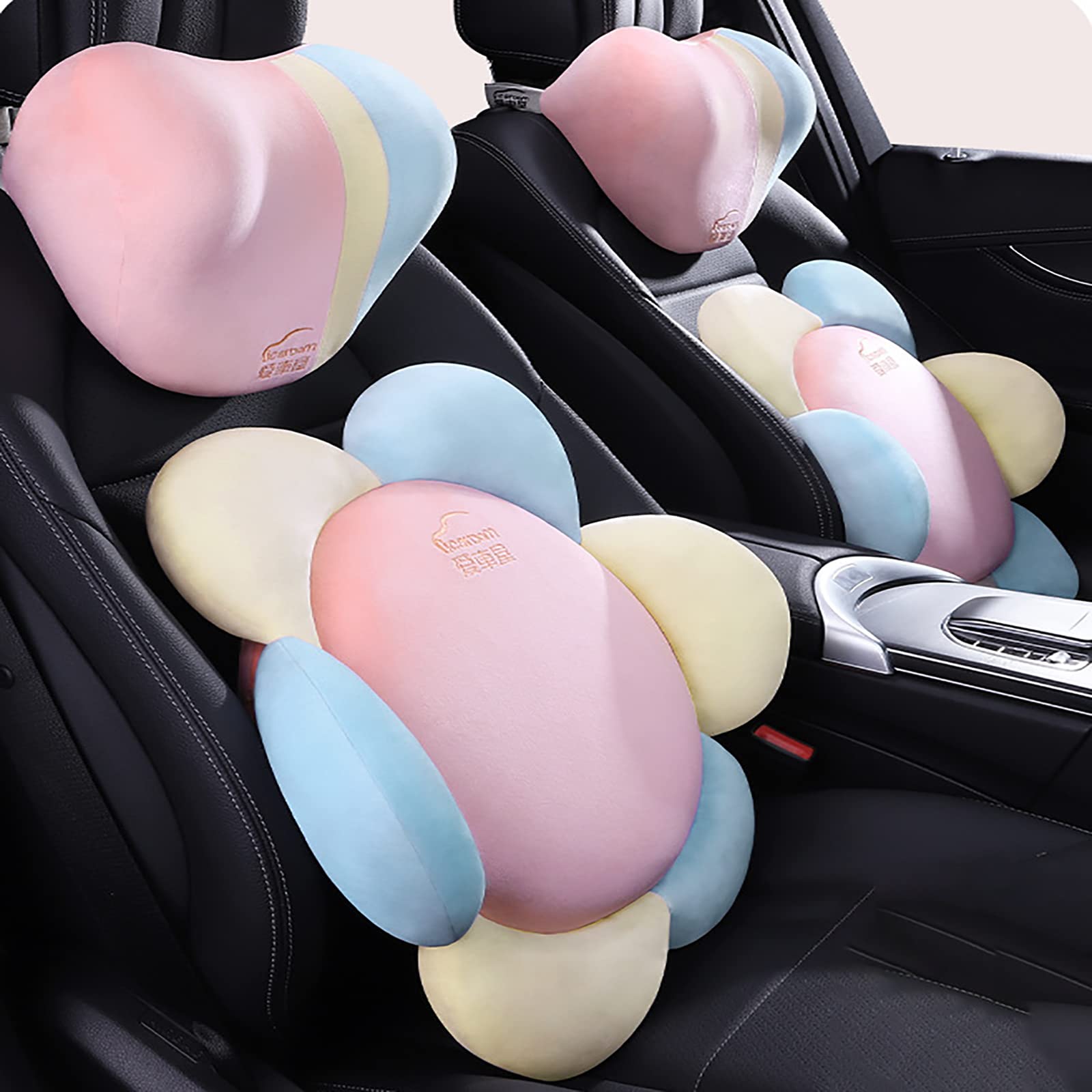 Kangsheng Car Lumbar Support Pillow with Cute Cartoon Headrest - Comfortable Neck Pillow Kit for Long Drives, Office & Travel - Perfect for Road Trips, Commuting & Relaxation