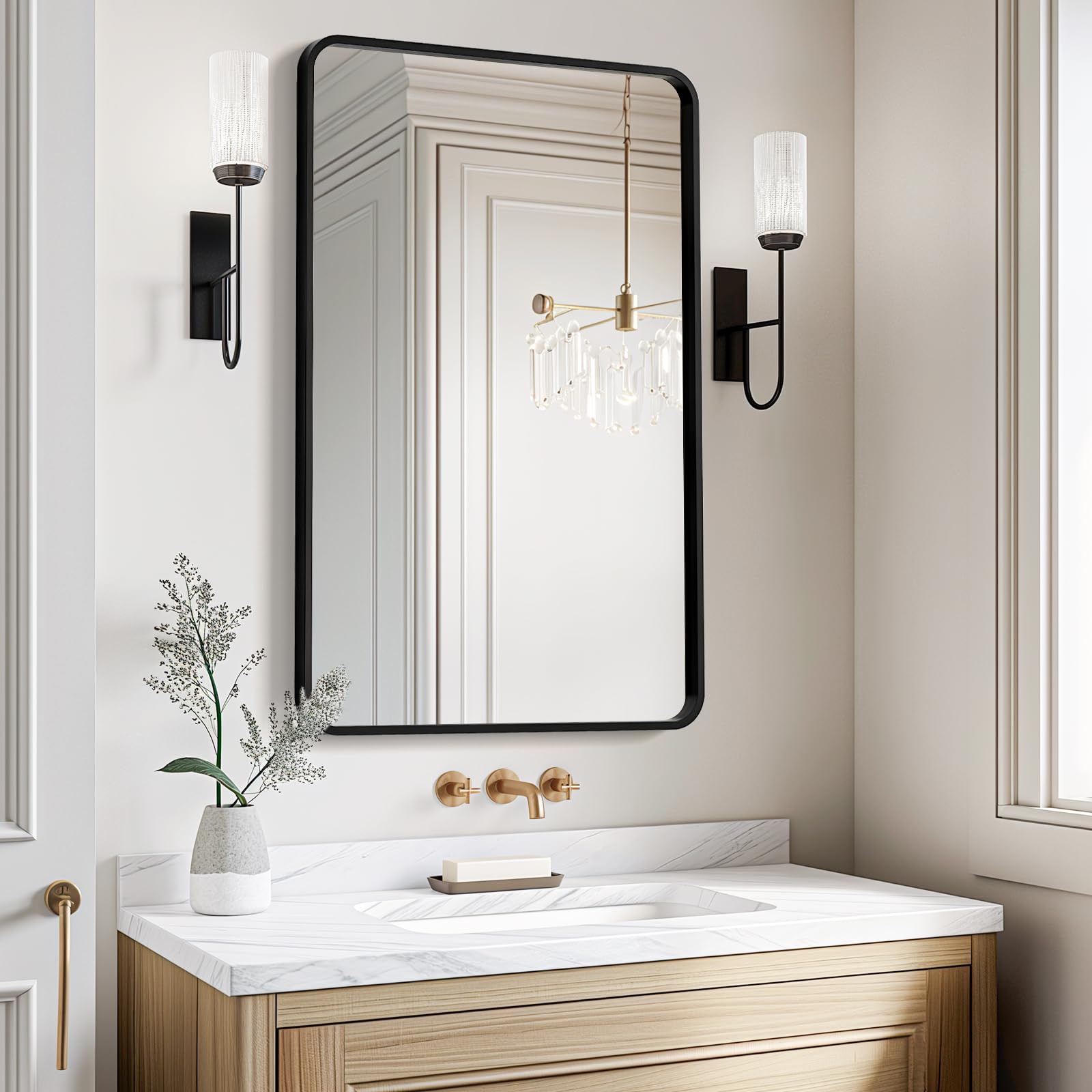 USHOWER 24x36 Inch Black Metal Frame Rectangle Bathroom Mirror - Over Sink Vanity Mirror with Wall Mount, Modern Farmhouse Style for Bathroom Decor & Makeup Area
