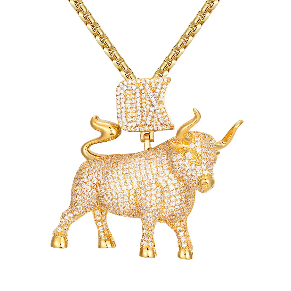 14K Yellow Gold Tone Men's OX Micro Pave Icy Pendant Necklace - Elegant Custom Jewelry Gift for Birthday, Anniversary & Special Occasions