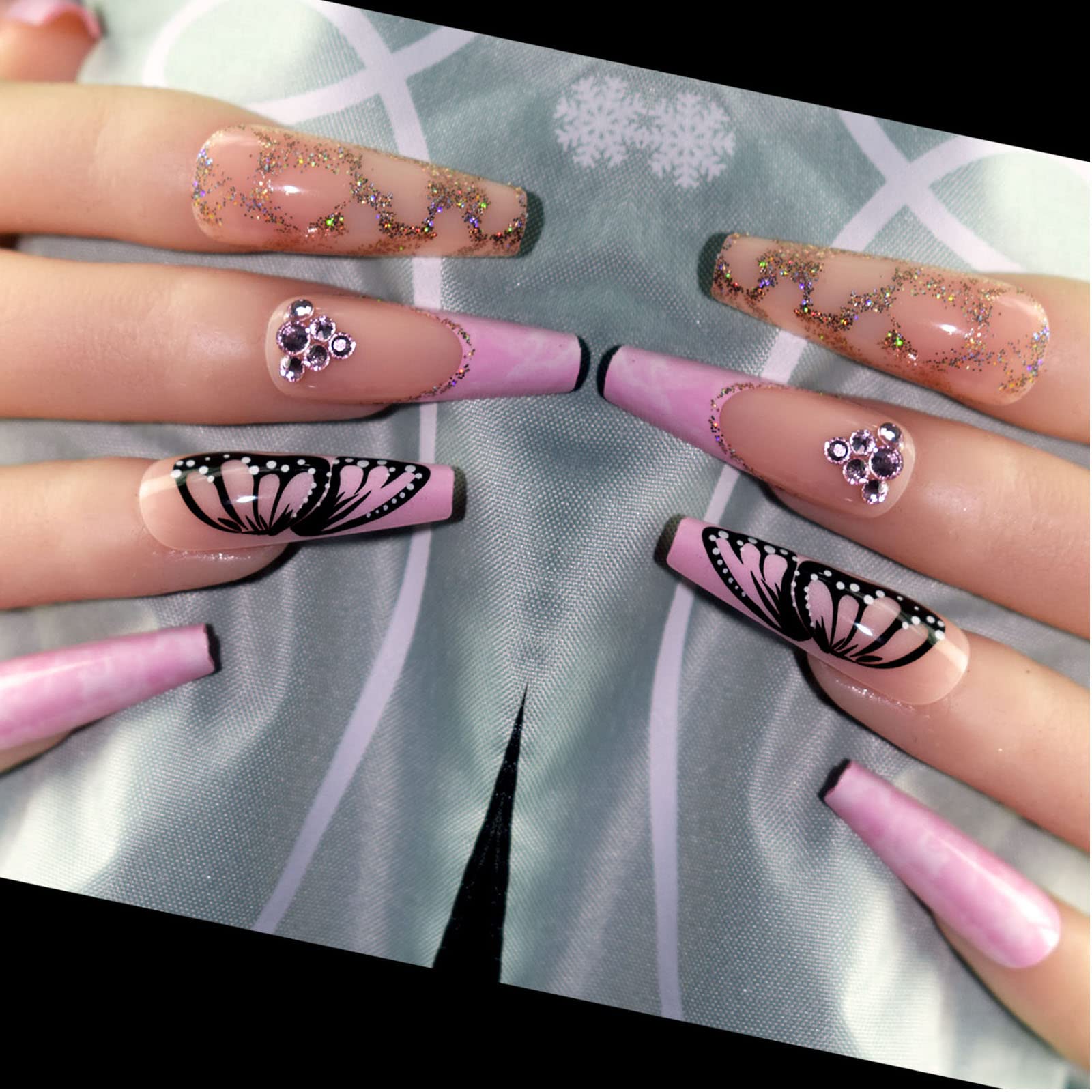 24 Pcs Long Fake Nails - Pink French Coffin Ballerina Press on Nails with Rhinestones & Glitter | False Nails with Nail Glue Stickers | Artificial Nails for Women & Girls | Perfect for Parties, Weddings & Special Occasions