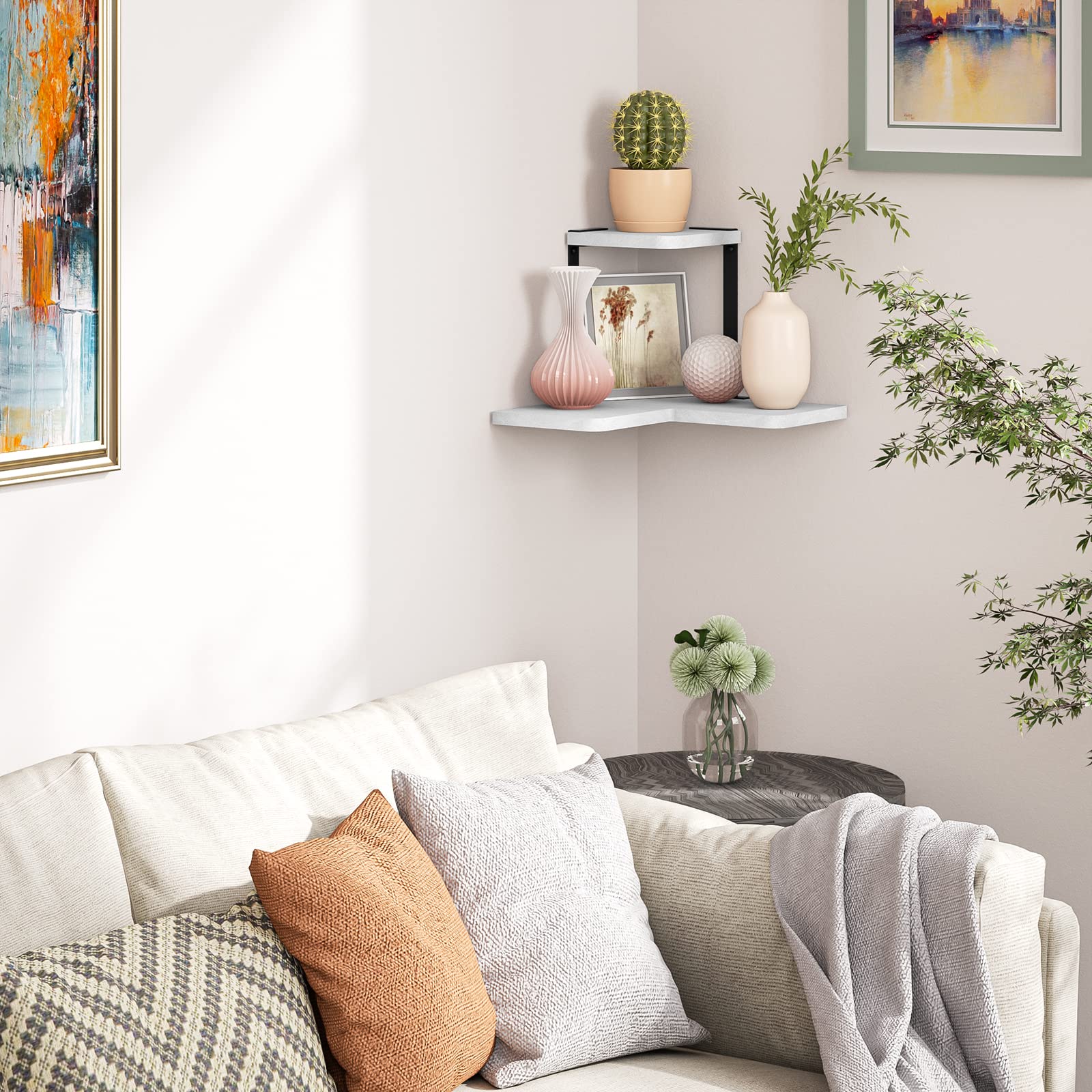 Rustic Wood Corner Shelf Wall Mounted - White Floating Shelf for Bedroom, Living Room, Kitchen | Perfect for Home Decor, Storage & Displaying Plants, Photos, Books