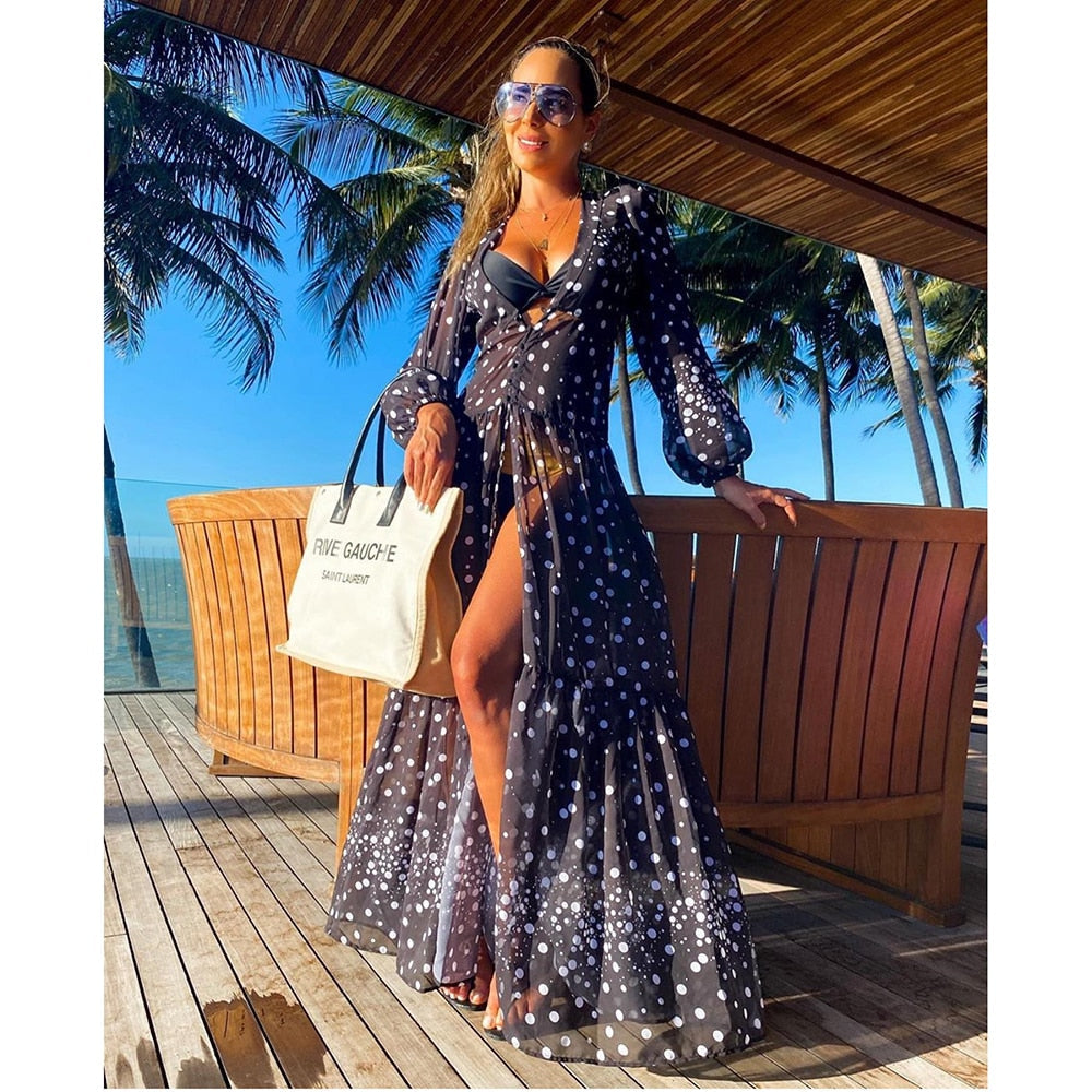 Blue Eyes Bikini Cover Up - Women's Long Beach Kaftan Tunic, Sarong Swimsuit Cover Up & Robe de Plage for Summer Vacation, Pool Party & Beach Getaway