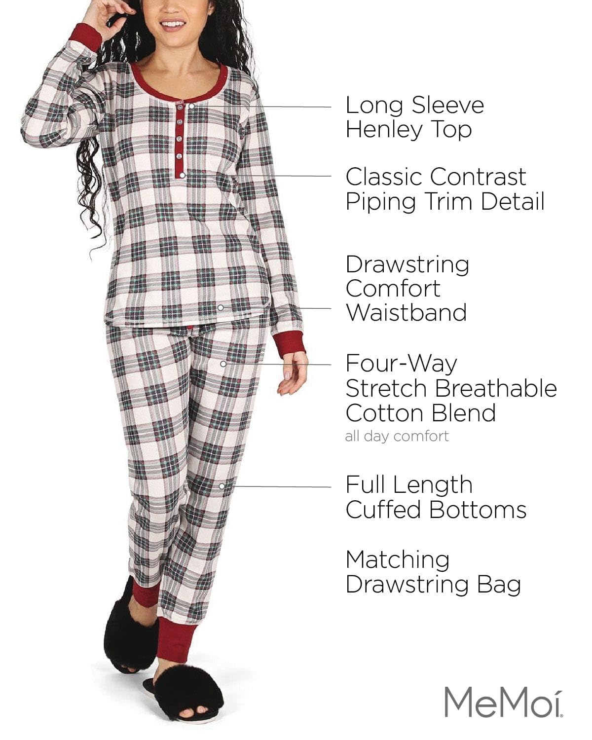 MeMoi Women's Soft Plaid Cotton Blend Henley Pajama Set - Comfortable Sleepwear for Lounge & Nighttime Relaxation
