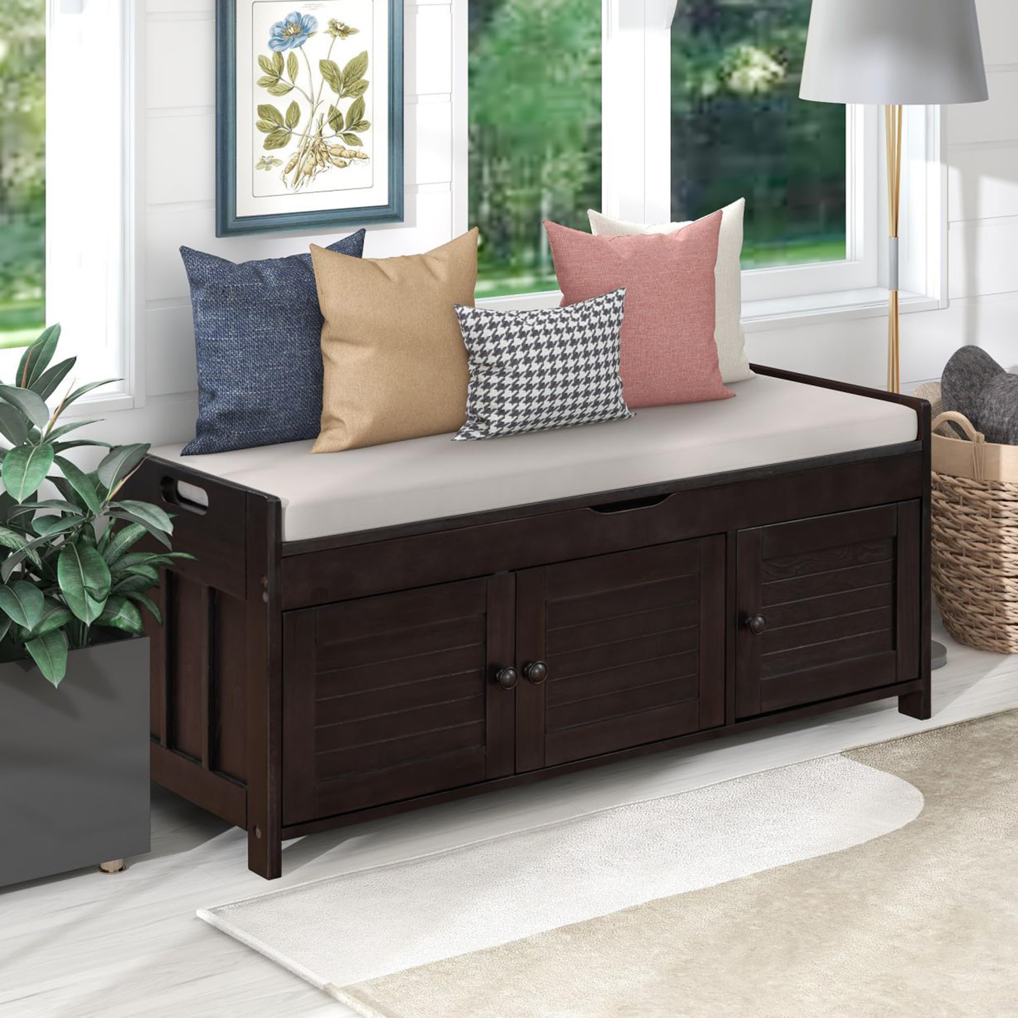 P PURLOVE Storage Bench with Removable Cushion - 3 Shutter Doors & Hidden Compartment - Entryway Bench for Living Room, Hallway, Bedroom - Espresso Finish for Home Organization & Decor