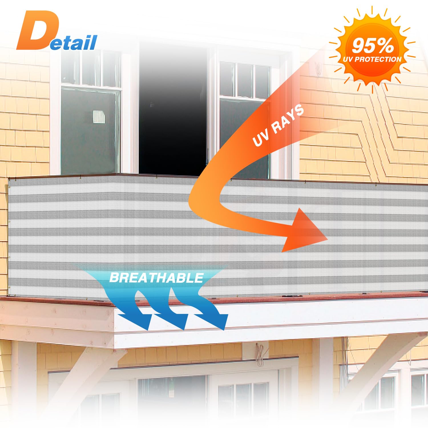 TANG 3' x 198' Gray White Stripe Balcony Privacy Screen Fence - 200GSM Weather Resistant Outdoor Deck Fence for Patio, Apartment, Porch & Backyard - Perfect for Creating Private Outdoor Spaces & Enhancing Home Aesthetics