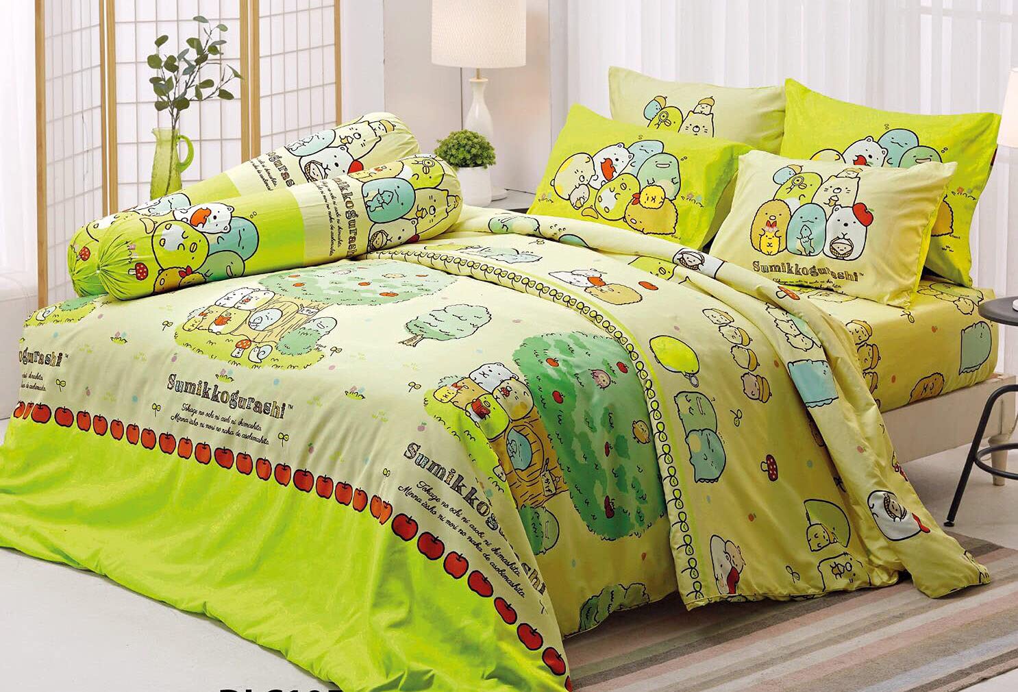 Tamegems Sumikko Gurashi Official Licensed Queen Bedding Set - Green105 (Sheet Set + Comforter) | Cute Japanese Character Design for Kids & Teens Bedroom Decor | Perfect for Anime Fans' Cozy Sleep & Room Makeover