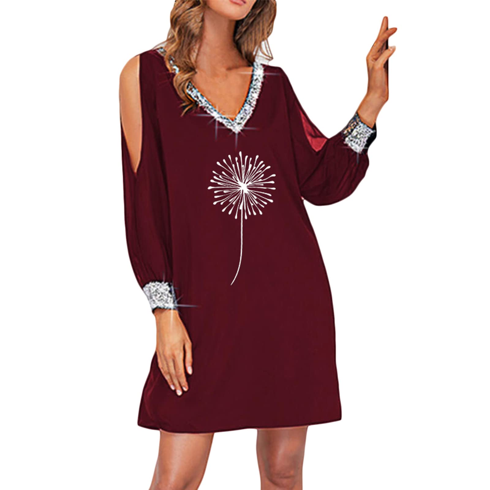 Elegant Off Shoulder V-Neck Long Sleeve Paillette Flower Print Dress for Women 2022 | Party, Wedding, Cocktail & Evening Occasions