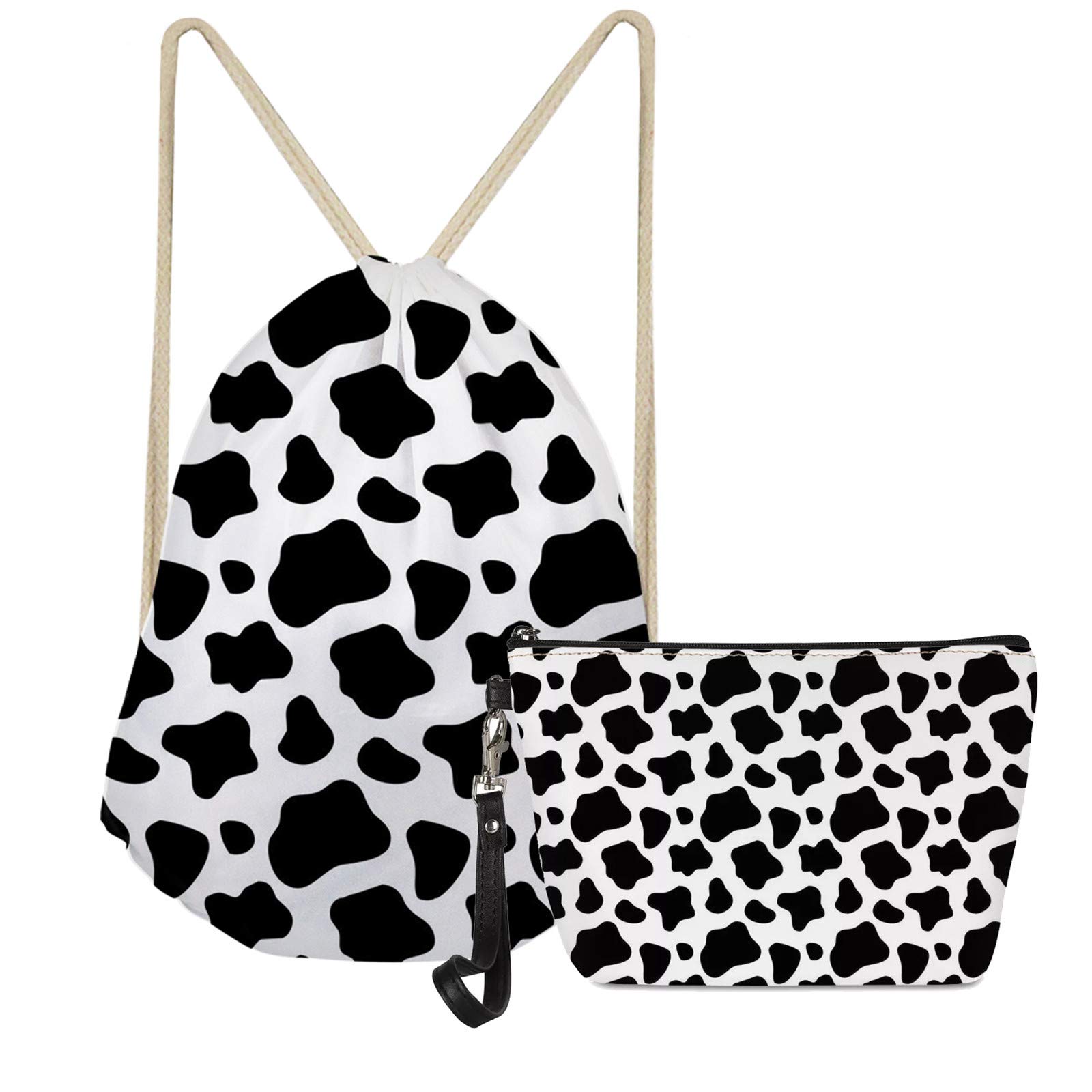 SEANATIVE 2-Pack Cute Cow Print Cosmetic Bags - Drawstring Makeup Pouch & Gym Sack for Kids, Sports Team, Travel & School Supplies | PU Leather Gift Set for Women & Girls
