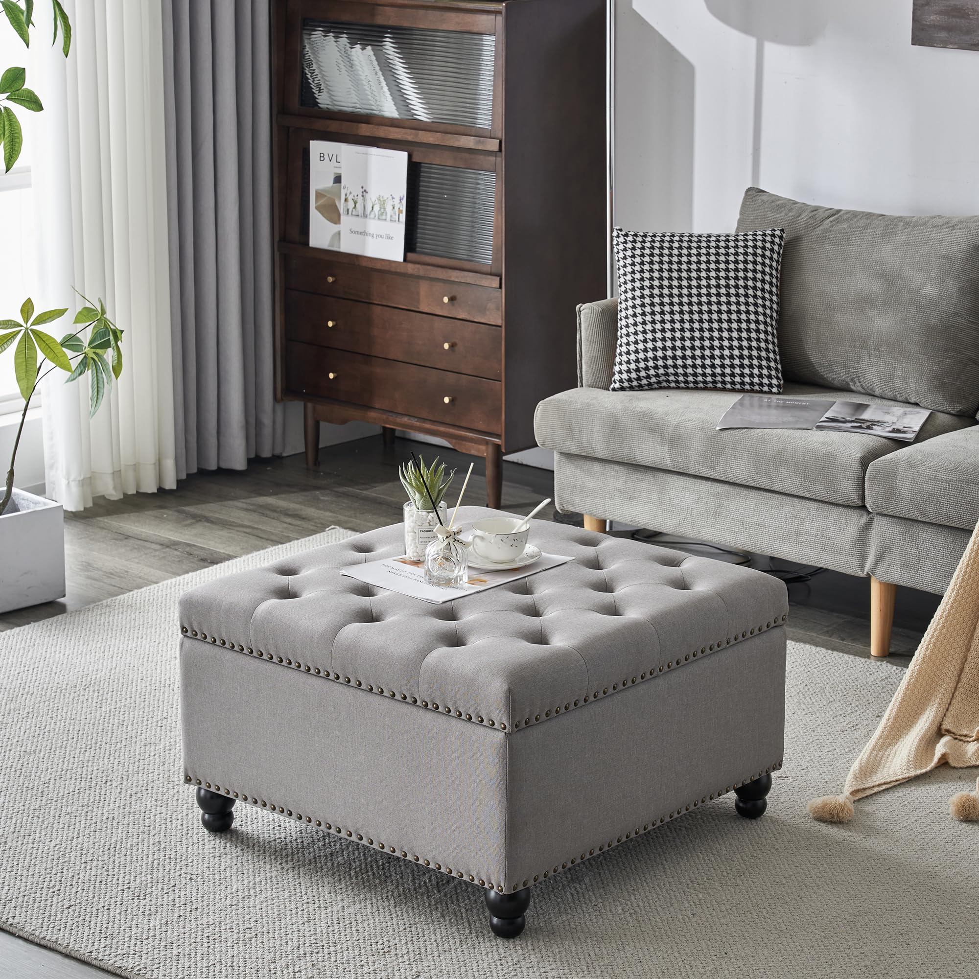 Square Storage Ottoman Bench - Oversized Coffee Table Ottoman with Hidden Storage for Living Room | Perfect for Extra Seating, Footrest & Home Organization