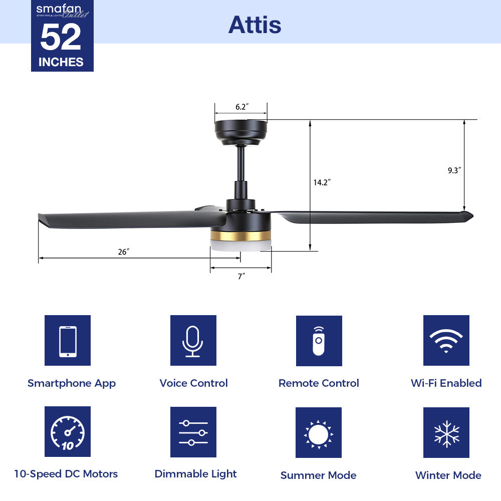 52 Inch Smart Ceiling Fan with LED Light & Remote Control - WiFi Enabled, Quiet DC Motor, Dimmable Lighting for Bedroom, Living Room & Outdoor Patio