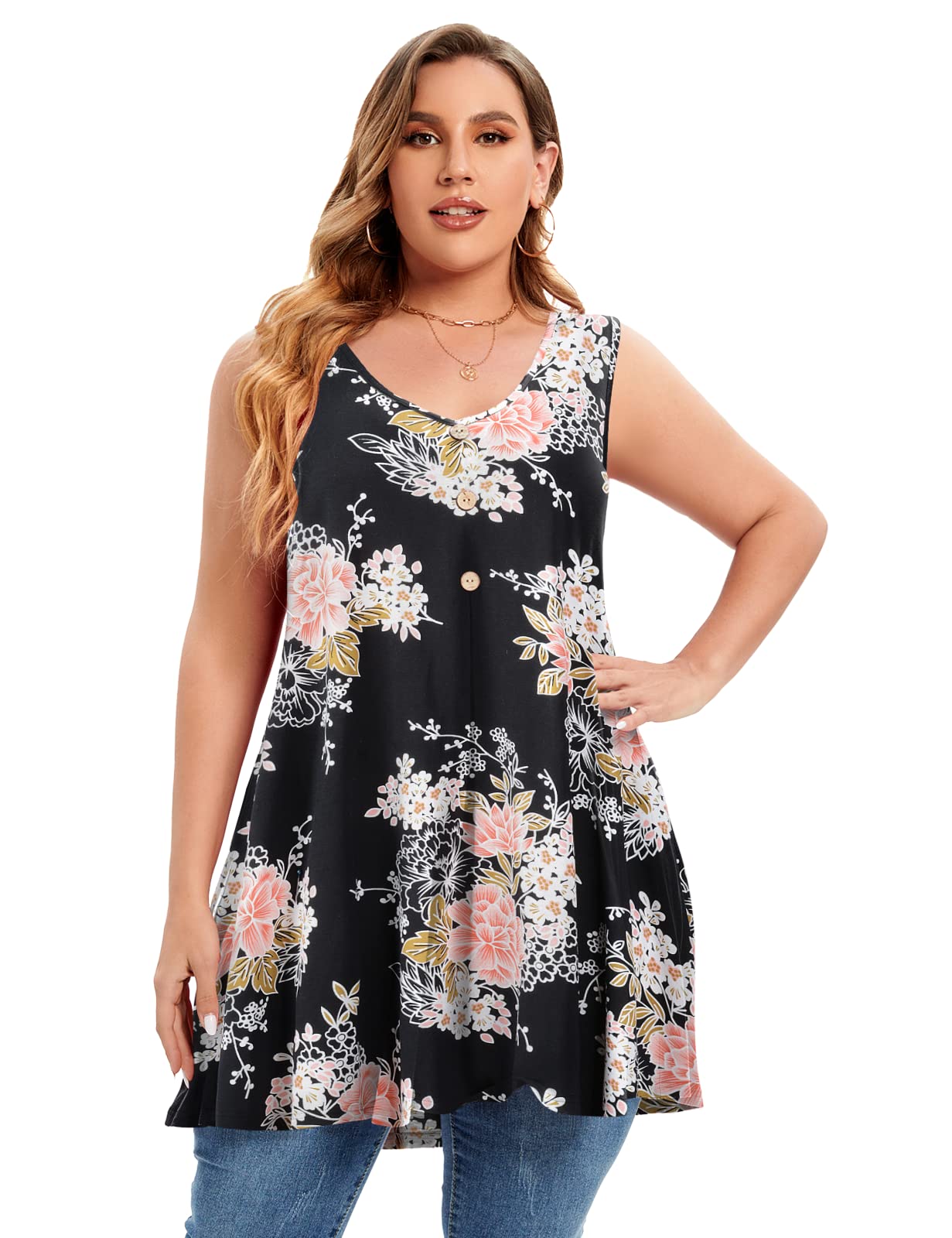 **Plus Size Women's V Neck Button Down Tank Top - Flowy Sleeveless Summer Tunic Shirt for Casual Wear, Beach Outfits & Layering**