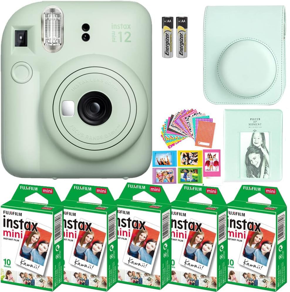 Fujifilm Instax Mini 12 Instant Camera Bundle with 50 Sheets Mini Film, Carrying Case, Photo Album, Stickers & Frames - Mint Green | Perfect for Parties, Travel & DIY Scrapbooking
