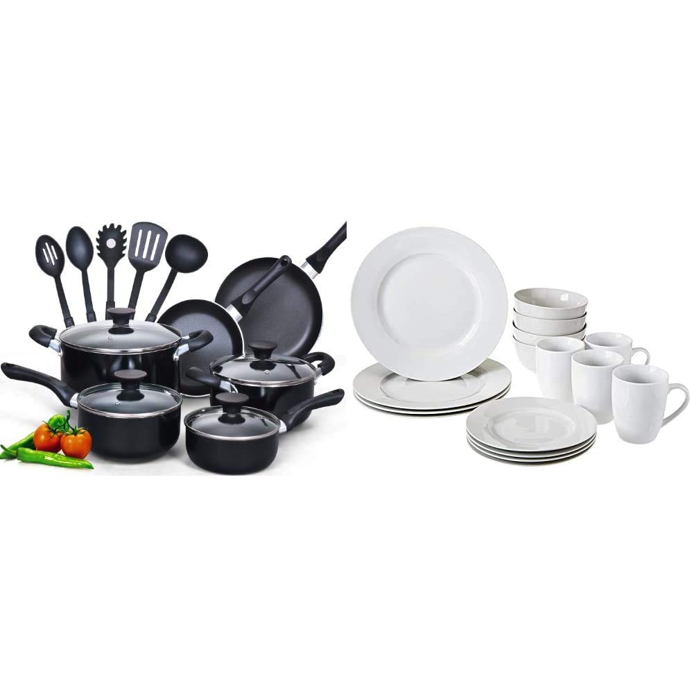 15-Piece Nonstick Cookware Set by Cook N Home - Black Pots & Pans for Everyday Cooking | 16-Piece Porcelain Dinnerware Set by Amazon Basics - White Plates, Bowls & Mugs for Family Dining (Service for 4) | Perfect for Home Kitchens & Entertaining Guests