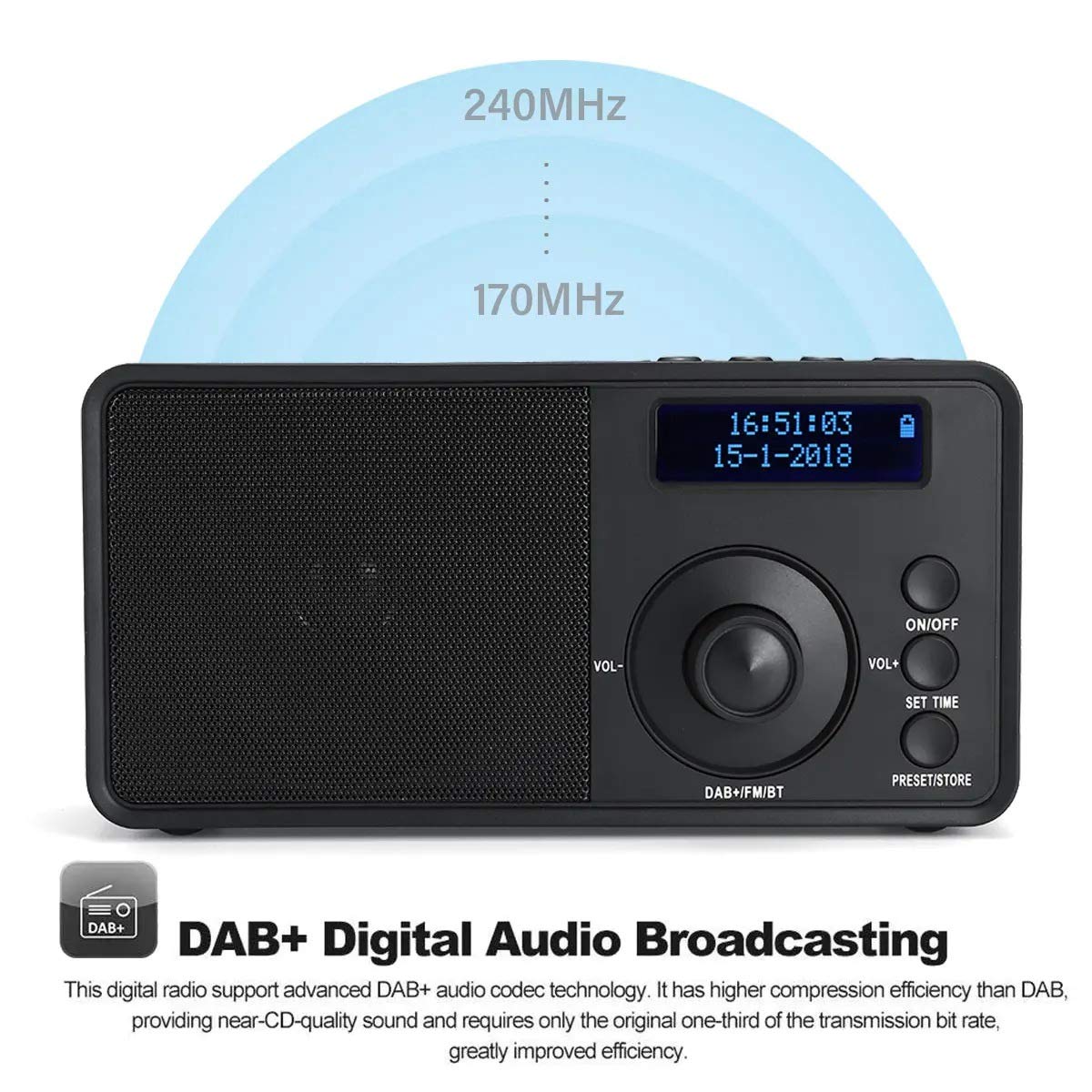 Portable Bluetooth Speaker with Digital Radio, LCD Display, FM, AUX, Alarm Clock - Wireless Stereo Sound for Outdoor, Travel, Home & Office Use