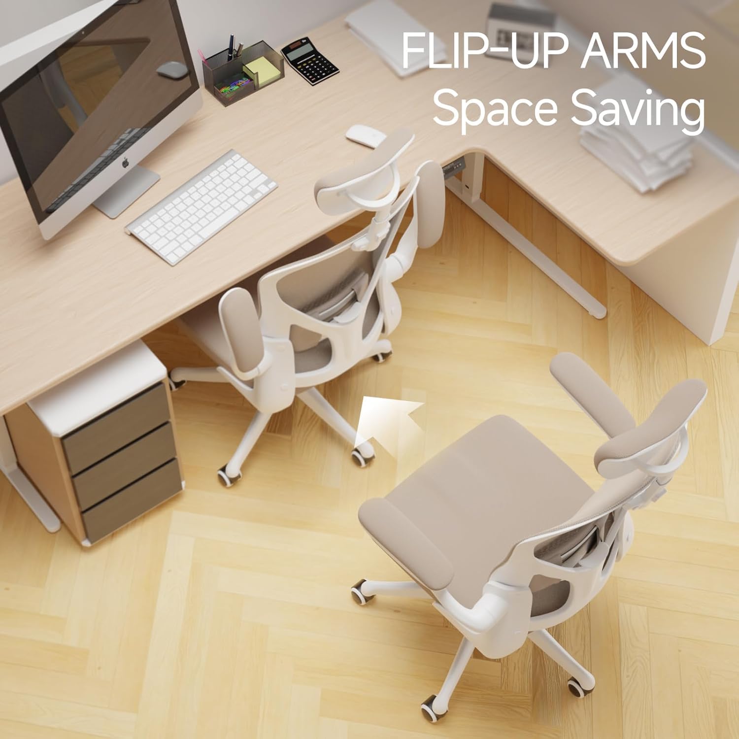 Ergonomic Office Chair with Lumbar Support & Thickened Cushion - Adjustable Headrest & Flip-Up Armrests - Rolling Desk Chair for Home & Office - Perfect for Long Work Hours & Gaming Sessions (Khaki)