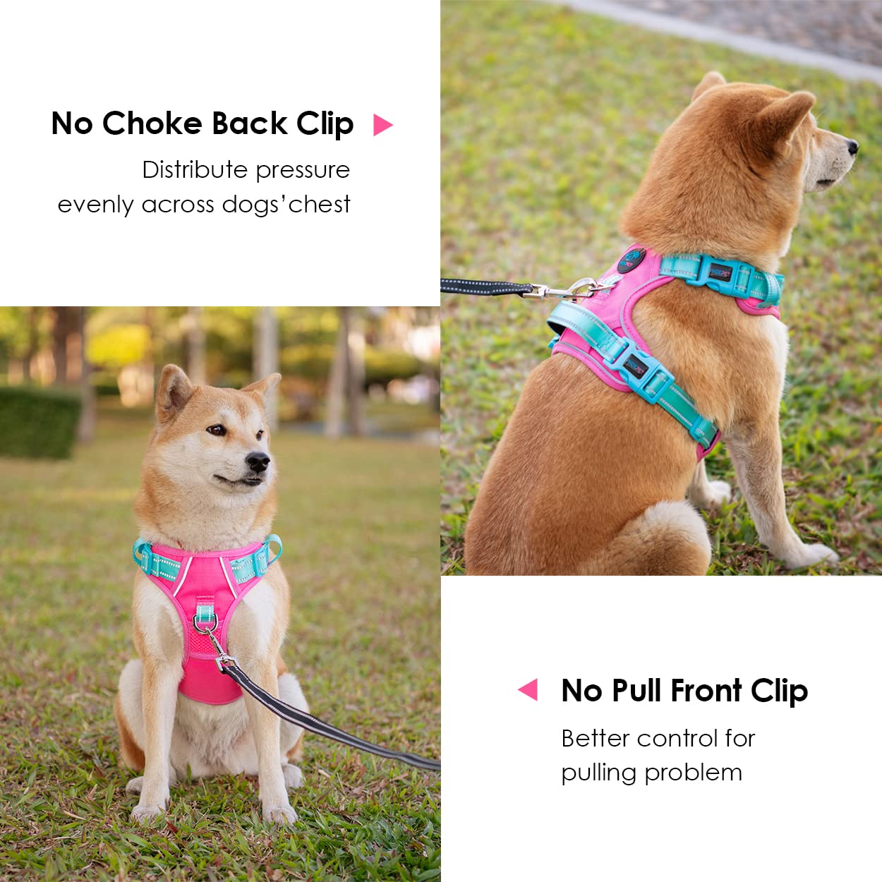 PHOEPET No Pull Dog Harness - Reflective Adjustable Pet Vest with Soft Training Handle & Metal Clips for Small Medium Large Dogs (Pink/Green, XS) | Perfect for Walking, Training & Nighttime Safety