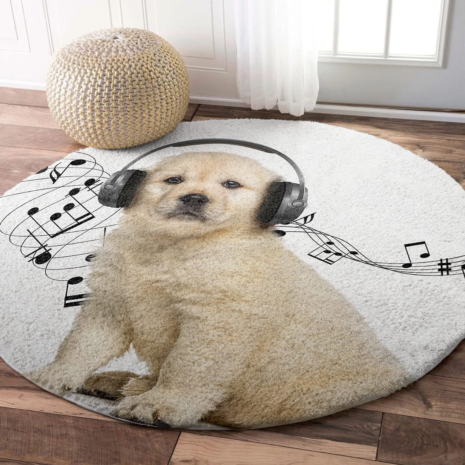Golden Retriever Puppy Listening to Music Plush Shaggy Area Rug - 4ft Round Soft Non-Slip Fuzzy Carpet for Living Room, Bedroom, Nursery - Funny Dog Home Decor Accent Floor Mat - Perfect for Cozy Spaces, Kids Rooms & Pet Lover Gifts