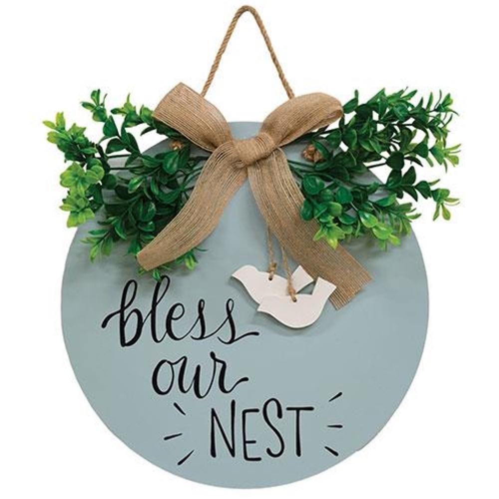 Bless Our Nest Round Sign with Greenery & Burlap Bow - Rustic Farmhouse Home Decor for Wall, Nursery, Front Door - Perfect for Weddings, Baby Showers & Housewarming Gifts