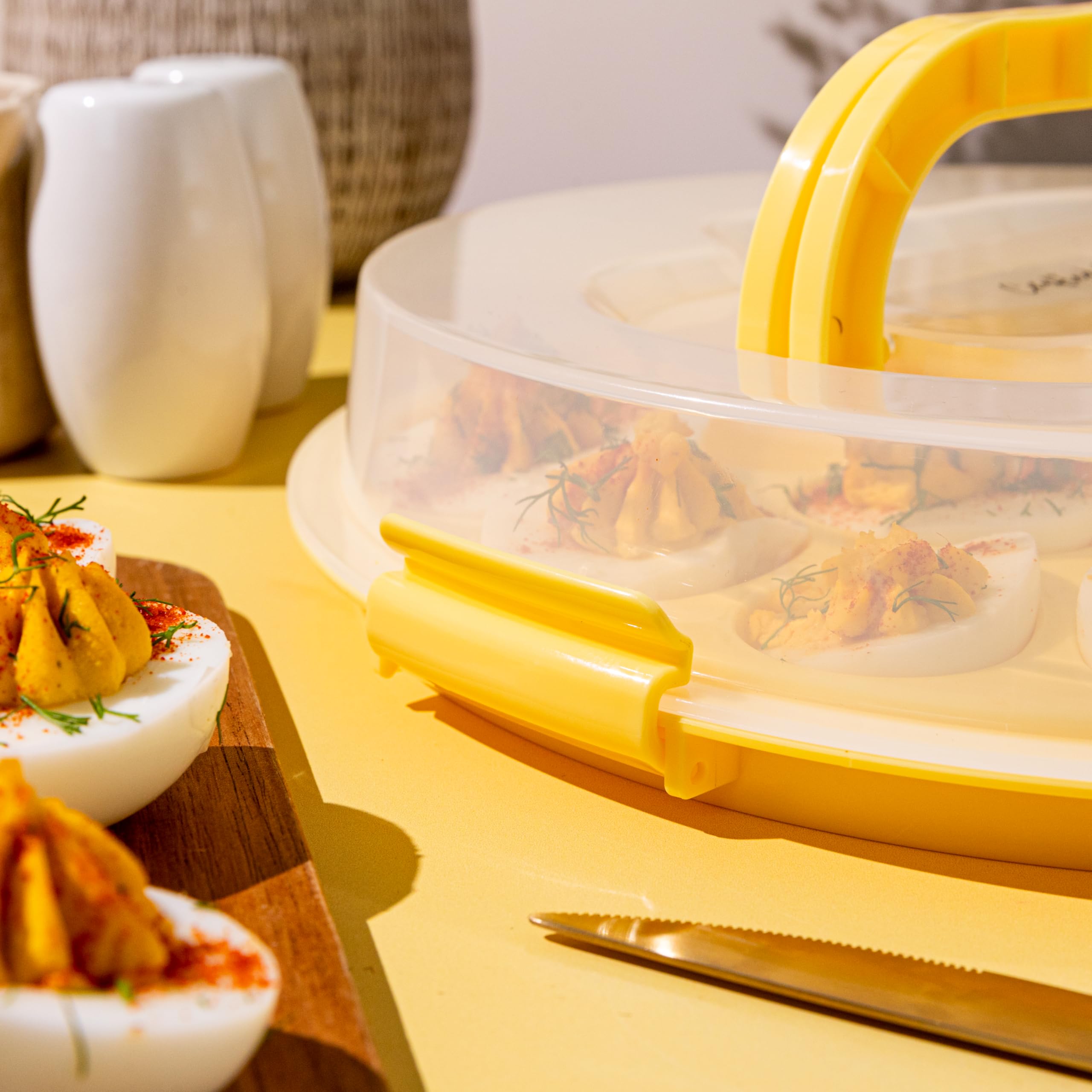 Premium Deviled Egg Carrier with Lid & Handles - Elegant 22-Egg Tray Platter for Holiday Parties, Picnics & Potlucks - Portable & Dishwasher Safe Deviled Egg Container - Perfect for Easter, Thanksgiving & Family Gatherings - Yellow