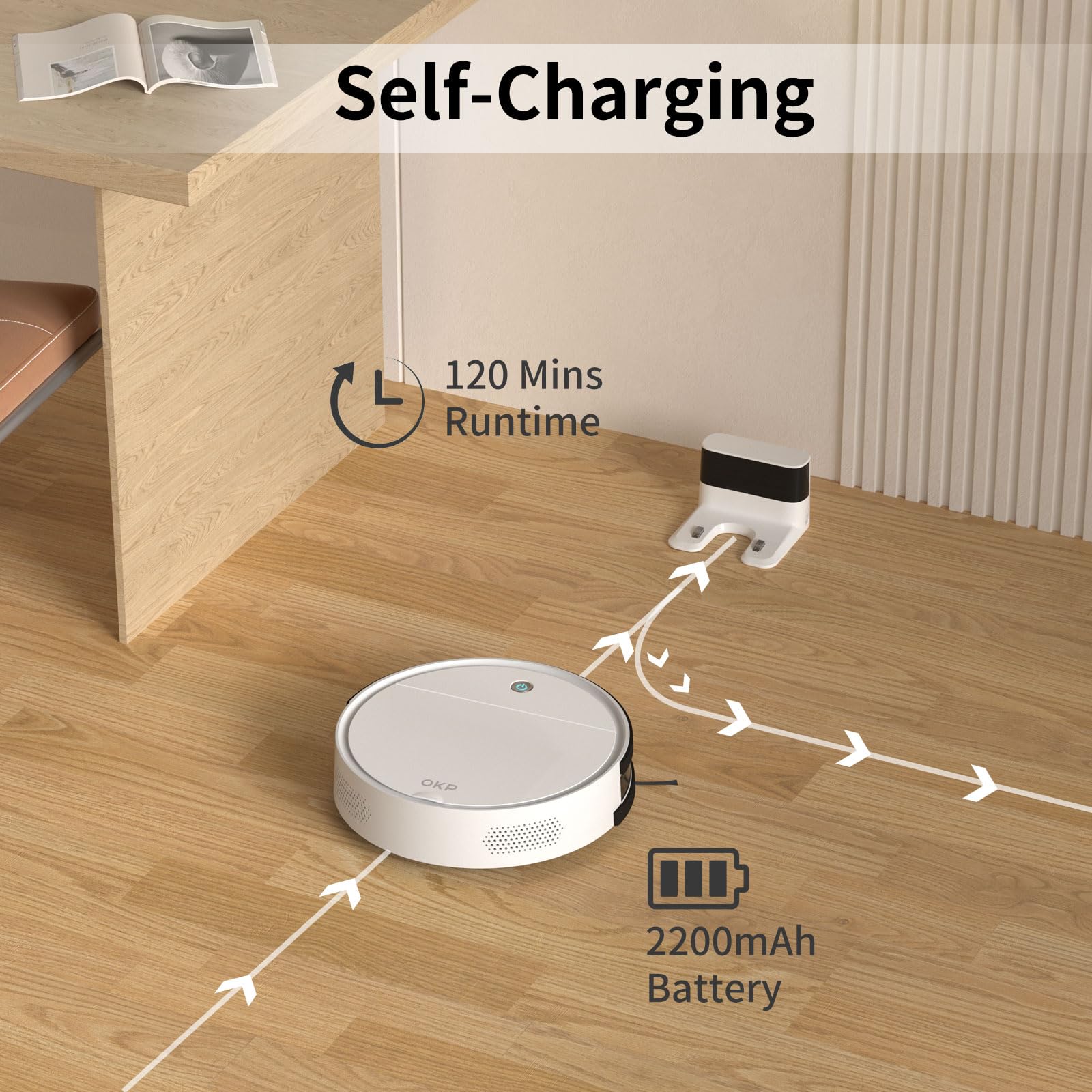 OKP K5 Robot Vacuum Cleaner 2500Pa Strong Suction - Smart WiFi/App/Alexa Connected - Self-Charging - 120 Min Runtime - Ultra Quiet - Slim Design - Works on Hard Floors, Carpets & Pet Hair - Ideal for Home, Office & Pet Owners