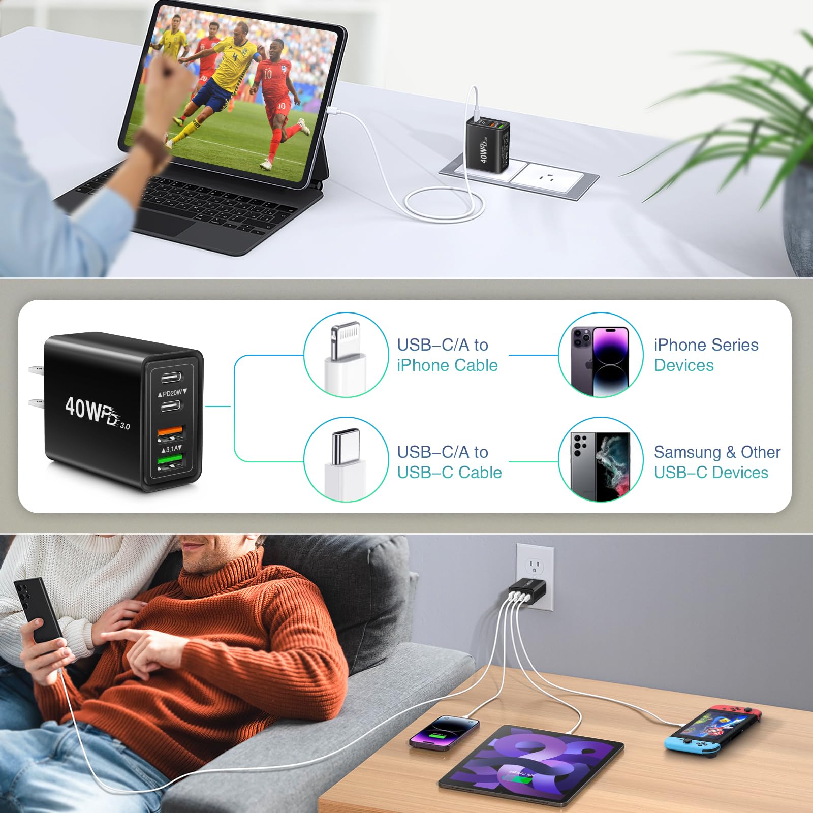 40W 4-Port USB C Fast Charger Block with PD & QC - Dual Port Wall Charger Adapter for iPhone 16/15/14/13/12/11 Pro Max/XS/XR/8/7 & Samsung Galaxy - Perfect for Travel, Office & Home Charging Multiple Devices Simultaneously