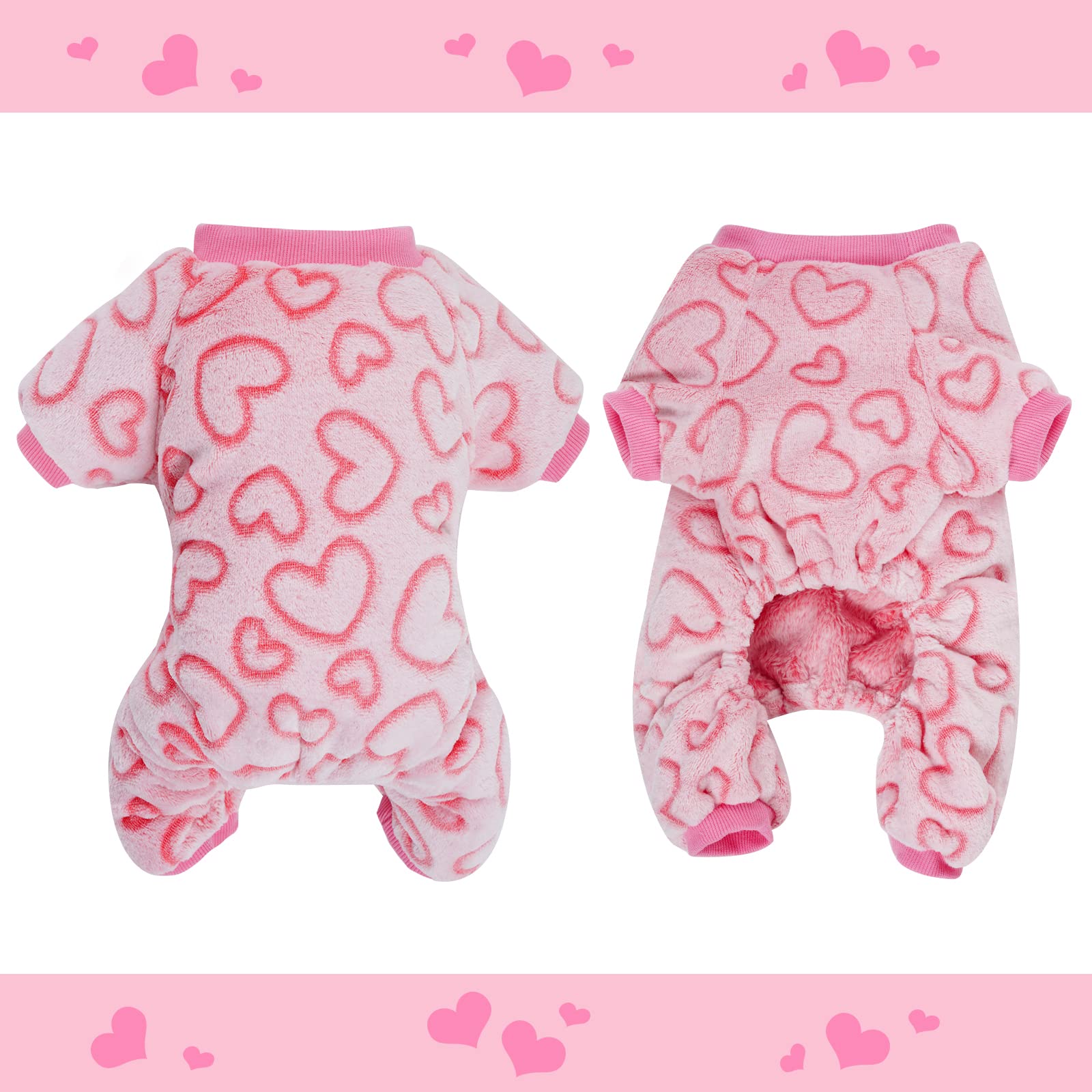 DXHYCC Fleece Dog Pajamas - Cute Heart Print Puppy Jumpsuit, Warm & Soft Pet Clothes for Small to Medium Dogs & Cats - Perfect for Winter Nights & Holiday Outfits (Pink, Size S)